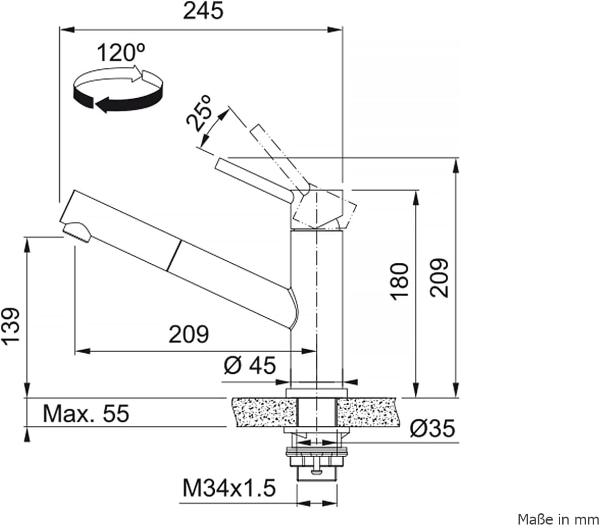 Disegno tecnico di un rubinetto con dimensioni e angoli in mm. Linee nere su sfondo bianco.