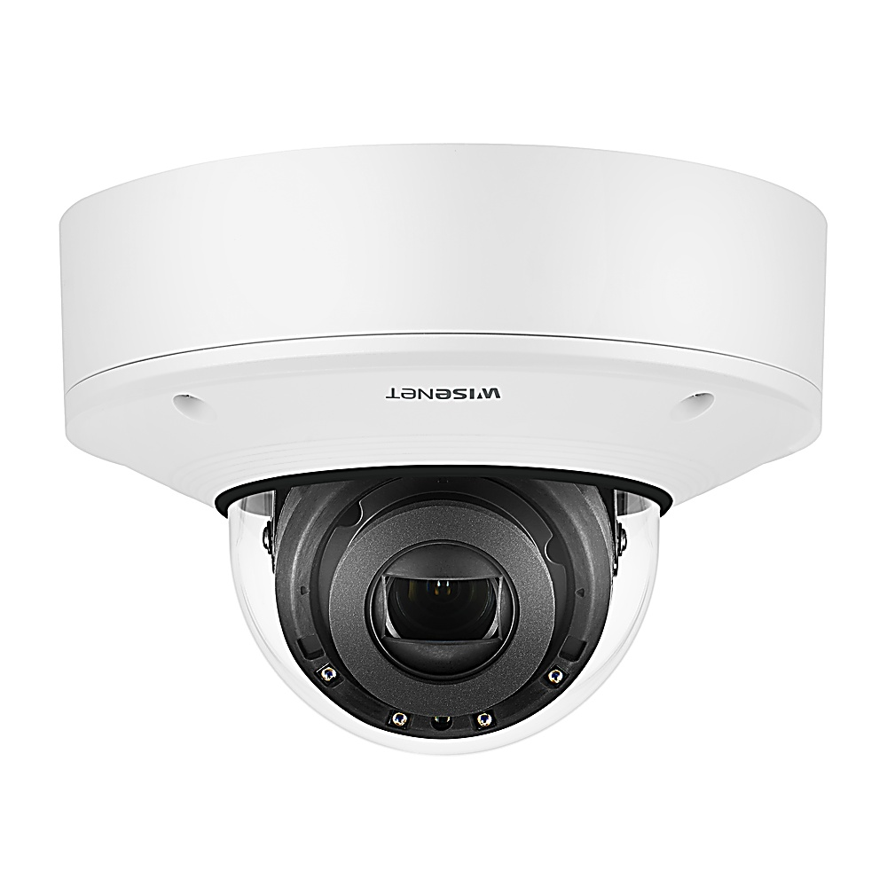 Una telecamera di sicurezza bianca con parte superiore arrotondata e cupola trasparente.