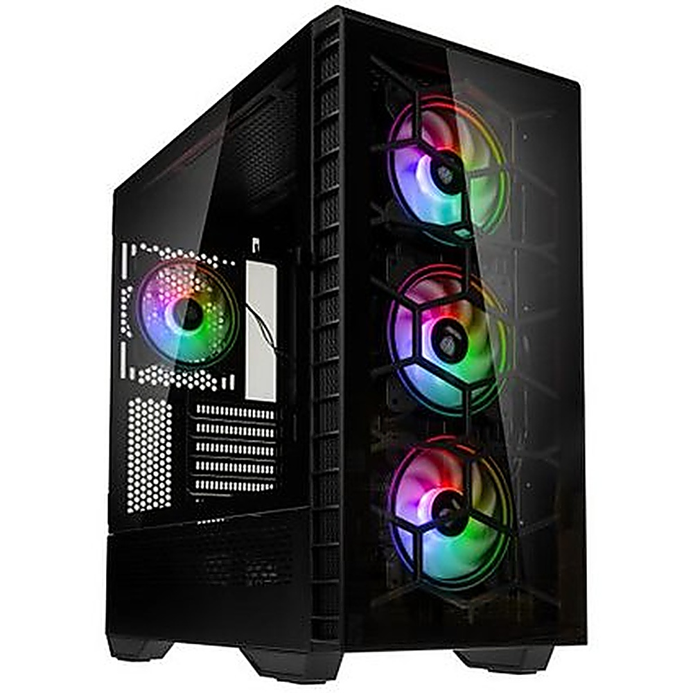 Case per computer nero con pannello laterale in vetro. Il case ha ventole RGB e una grande presa d'aria.
