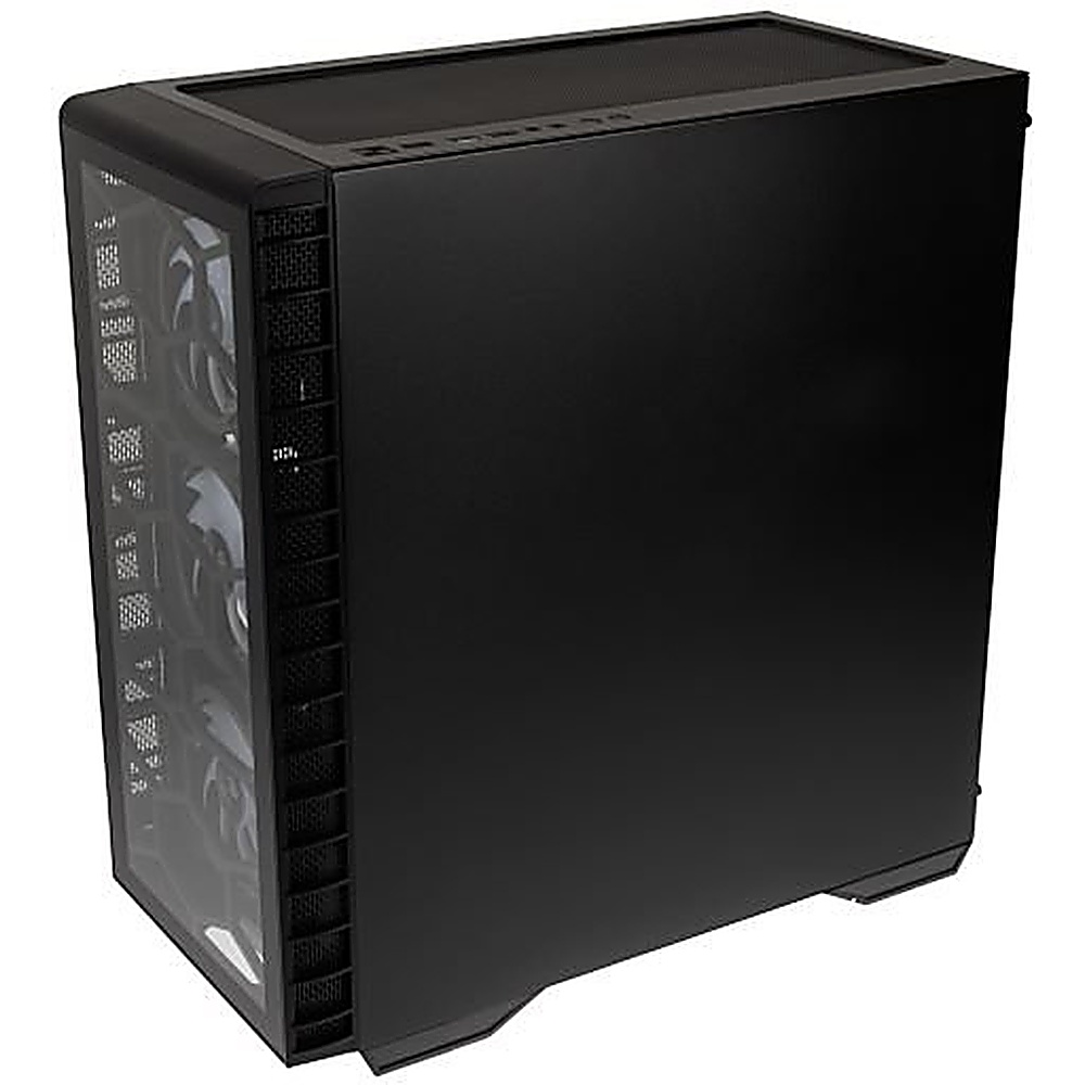 Un case per computer nero con pannello laterale in vetro e frontale a rete.