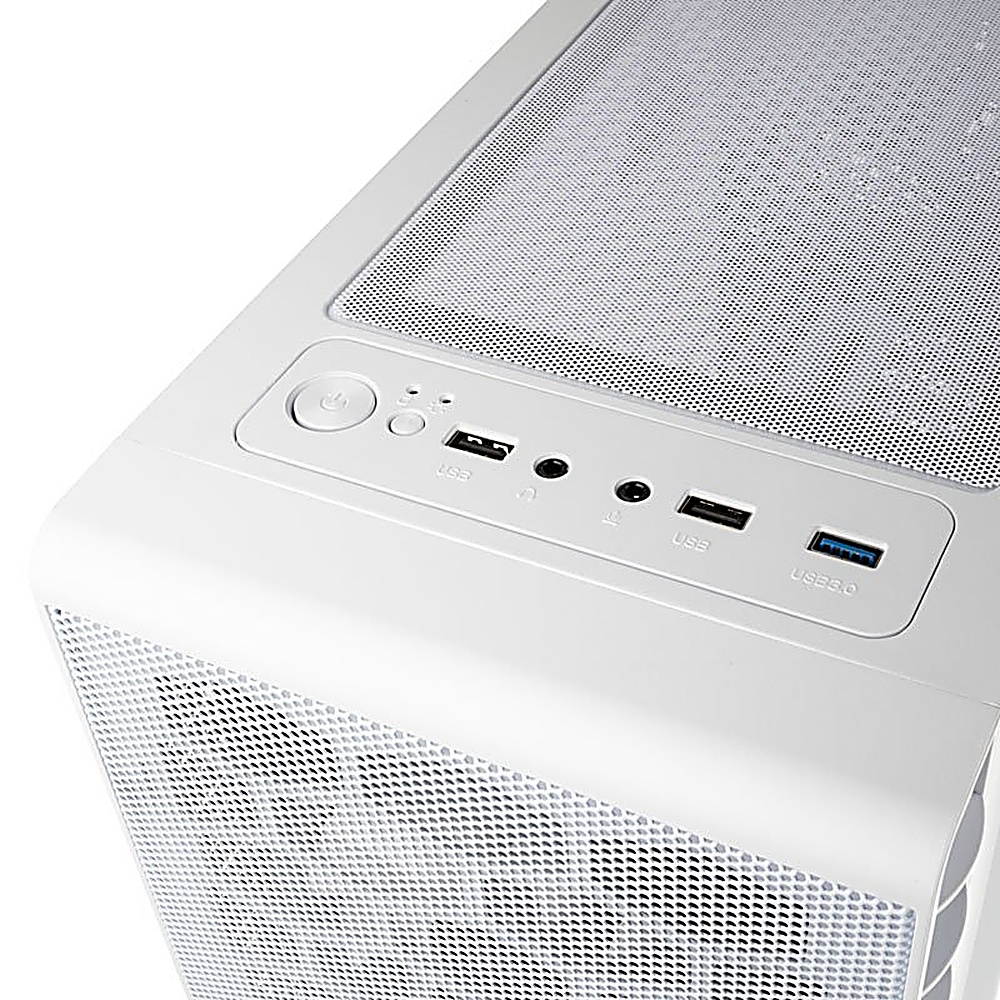 Biała obudowa komputera z siatkowym przodem i górą. Widoczny przycisk zasilania i porty.