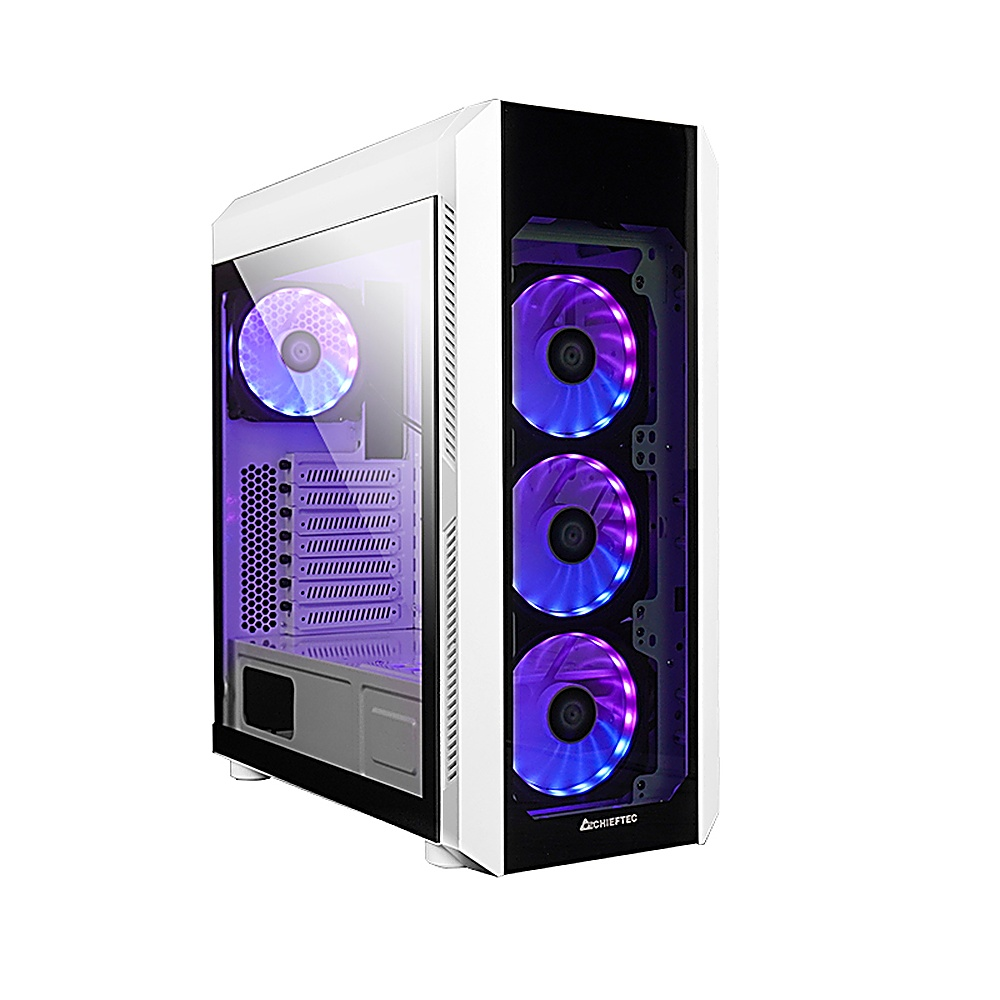 Case del computer bianco con tre ventole blu. Il lato sinistro ha una ventola. La parte anteriore è bianca.