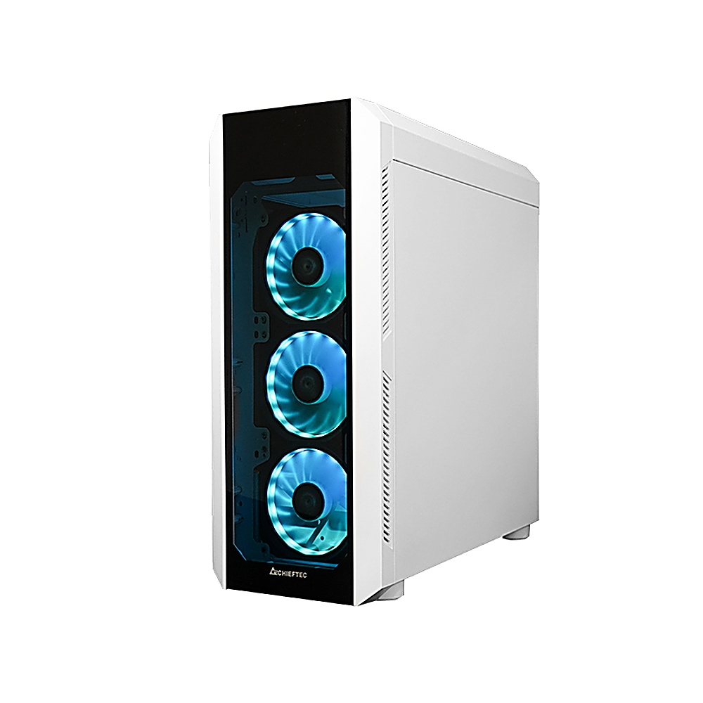 Un case per computer bianco con tre ventole a LED blu visibili attraverso un pannello di vetro.