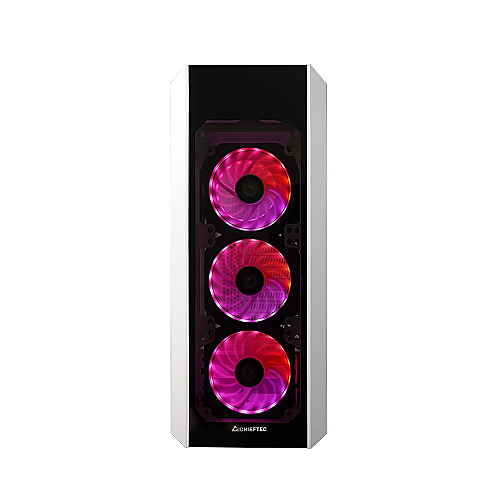 Case per computer con tre ventole con illuminazione RGB, colori rosa e rossi.