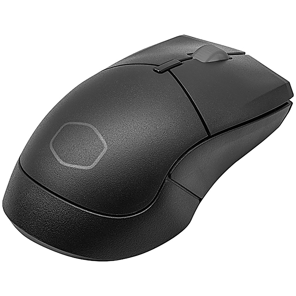 Mouse per computer nero con rotella di scorrimento grigia.