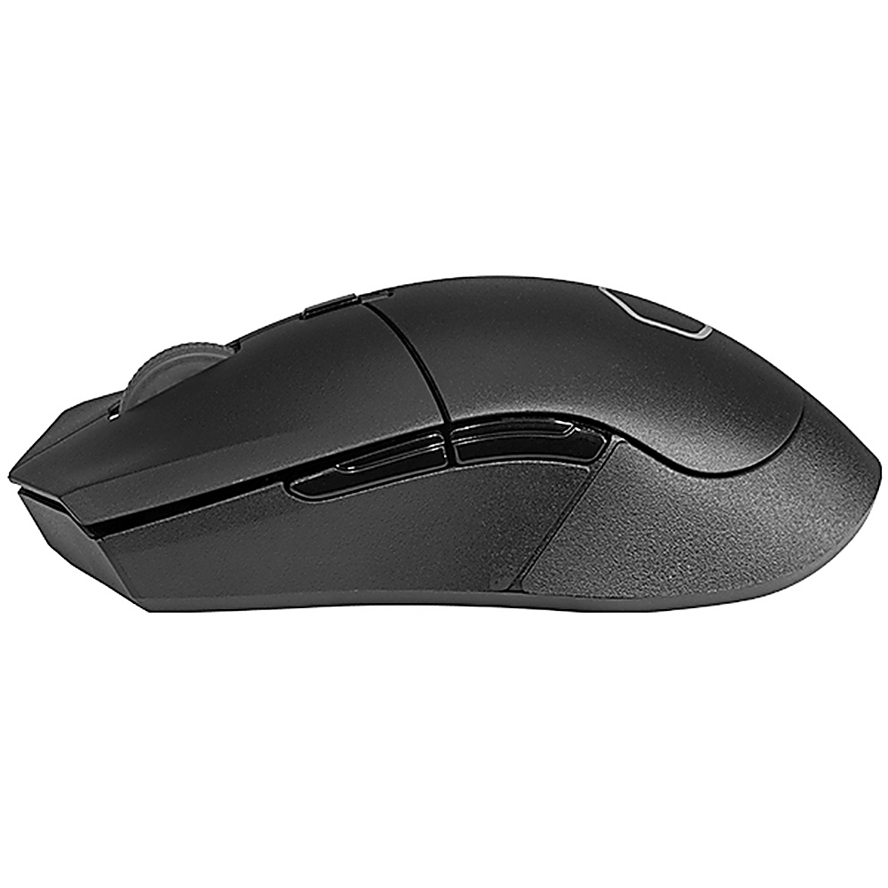 Mouse per computer nero con rotella e pulsanti, visto lateralmente.
