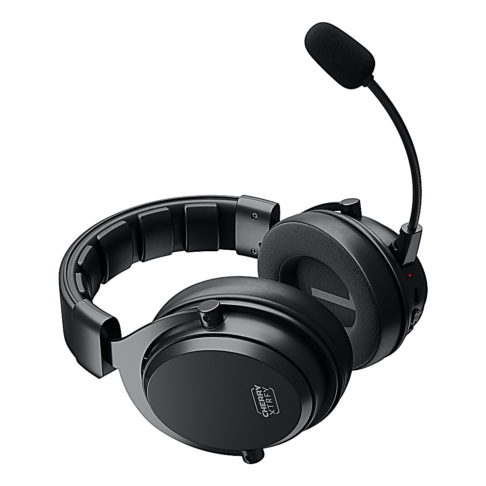 Casque de jeu noir avec un microphone et le logo Cherry Xtrfy.