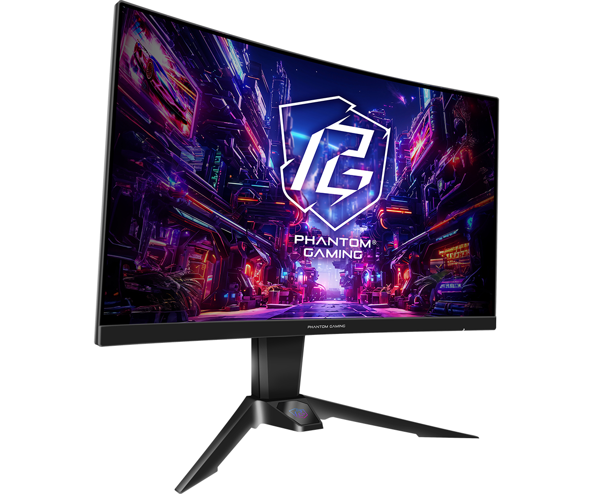 Ukośny widok monitora Phantom Gaming, prezentujący jego elegancki wygląd i żywy wyświetlacz.