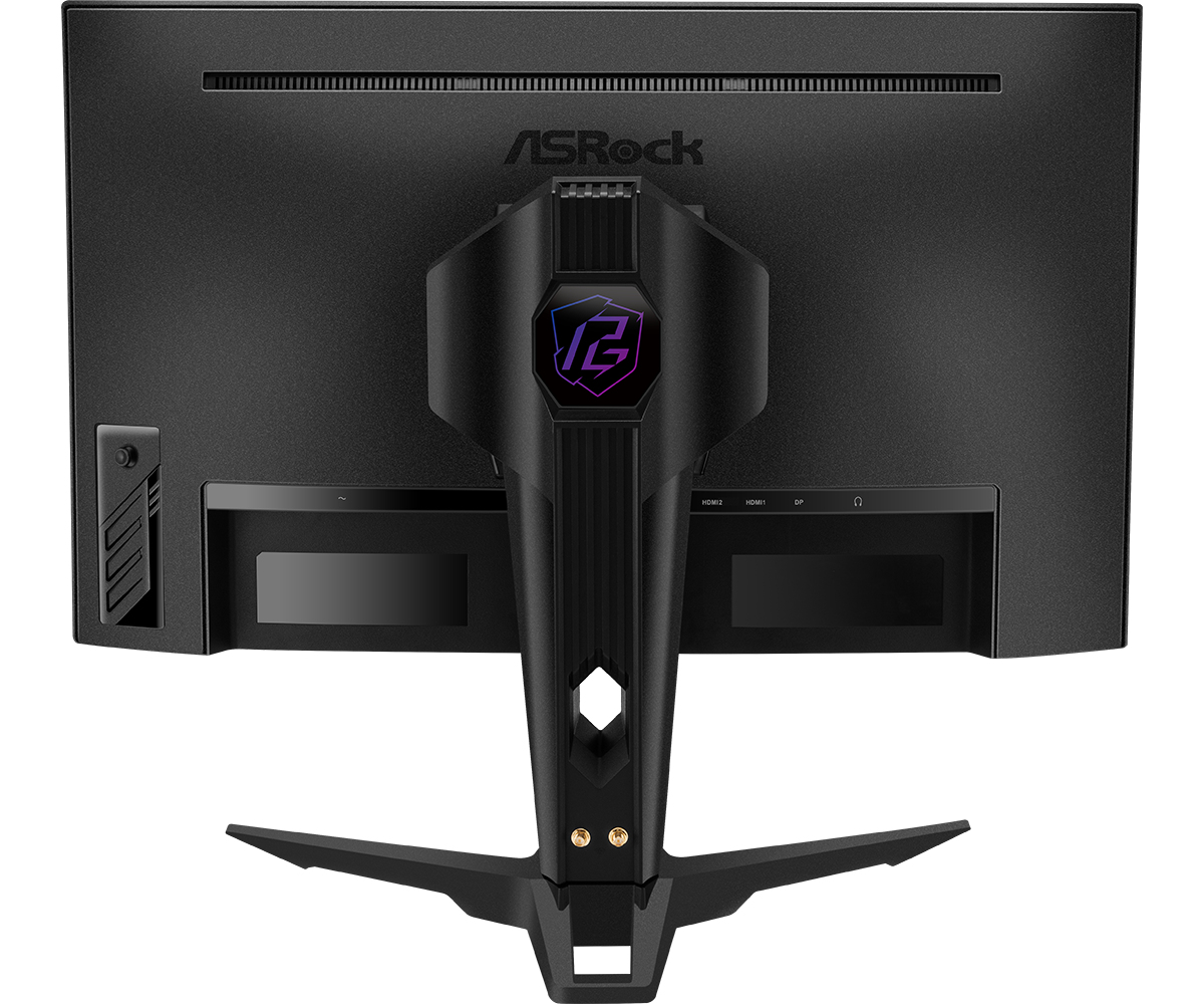 Widok z tyłu czarnego monitora ASRock, podkreślający porty i logo Phantom Gaming.