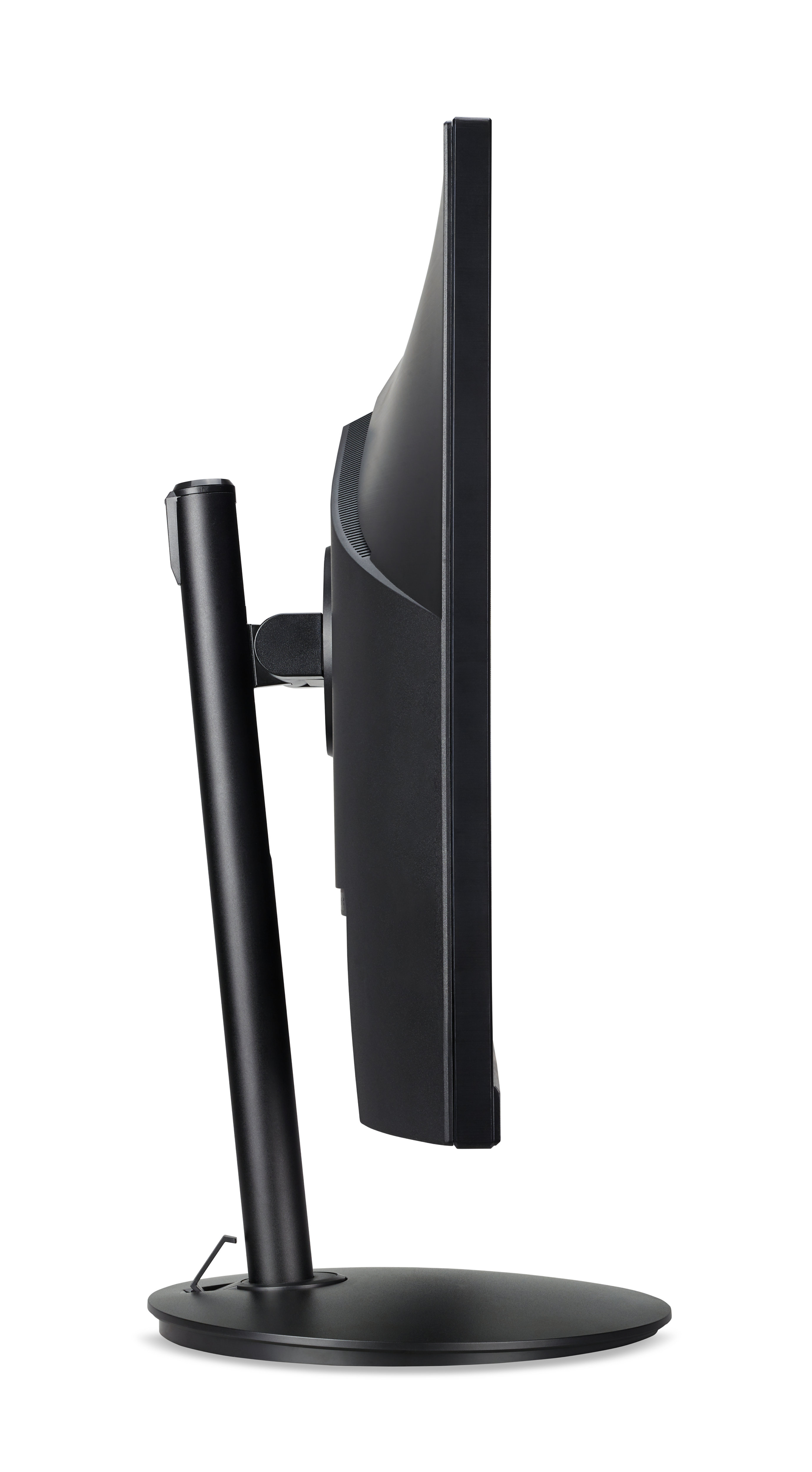 Widok z boku czarnego monitora komputerowego na stojaku, na białym tle.
