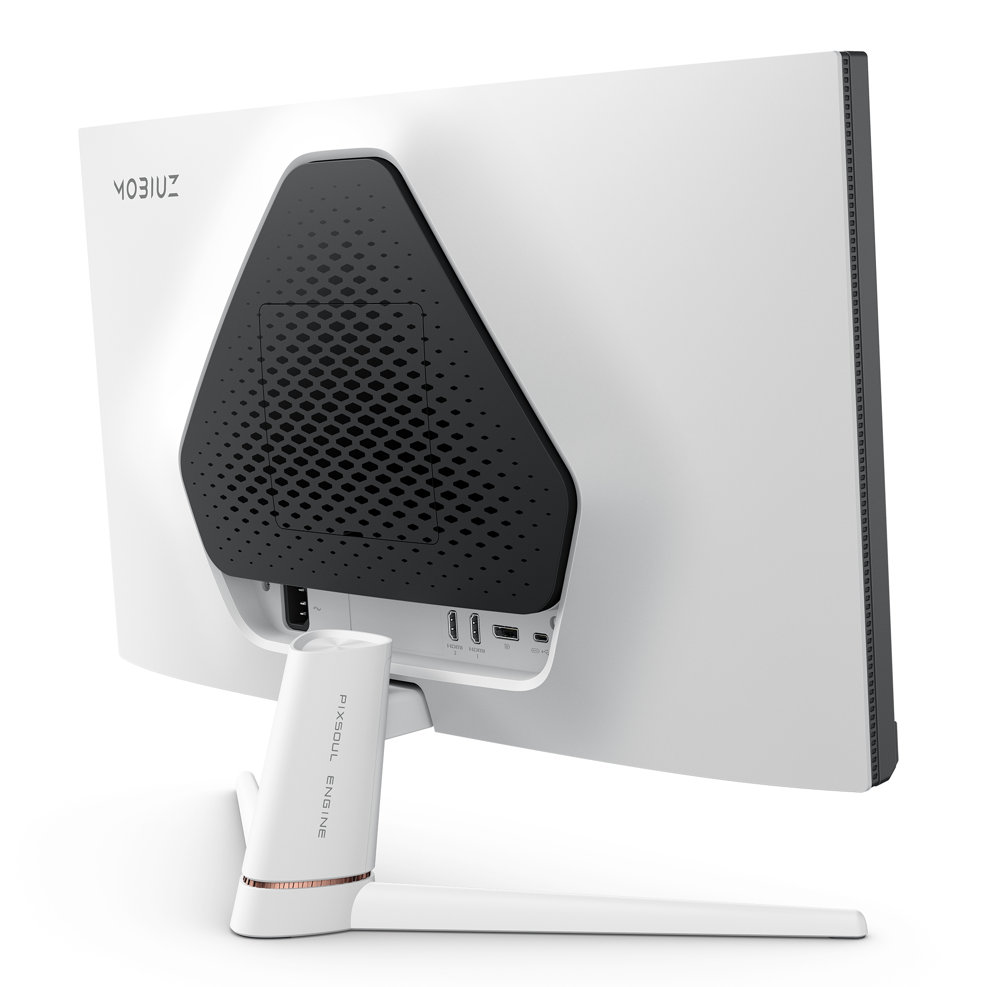 Widok z tyłu białego monitora MOBIZ z podstawką.