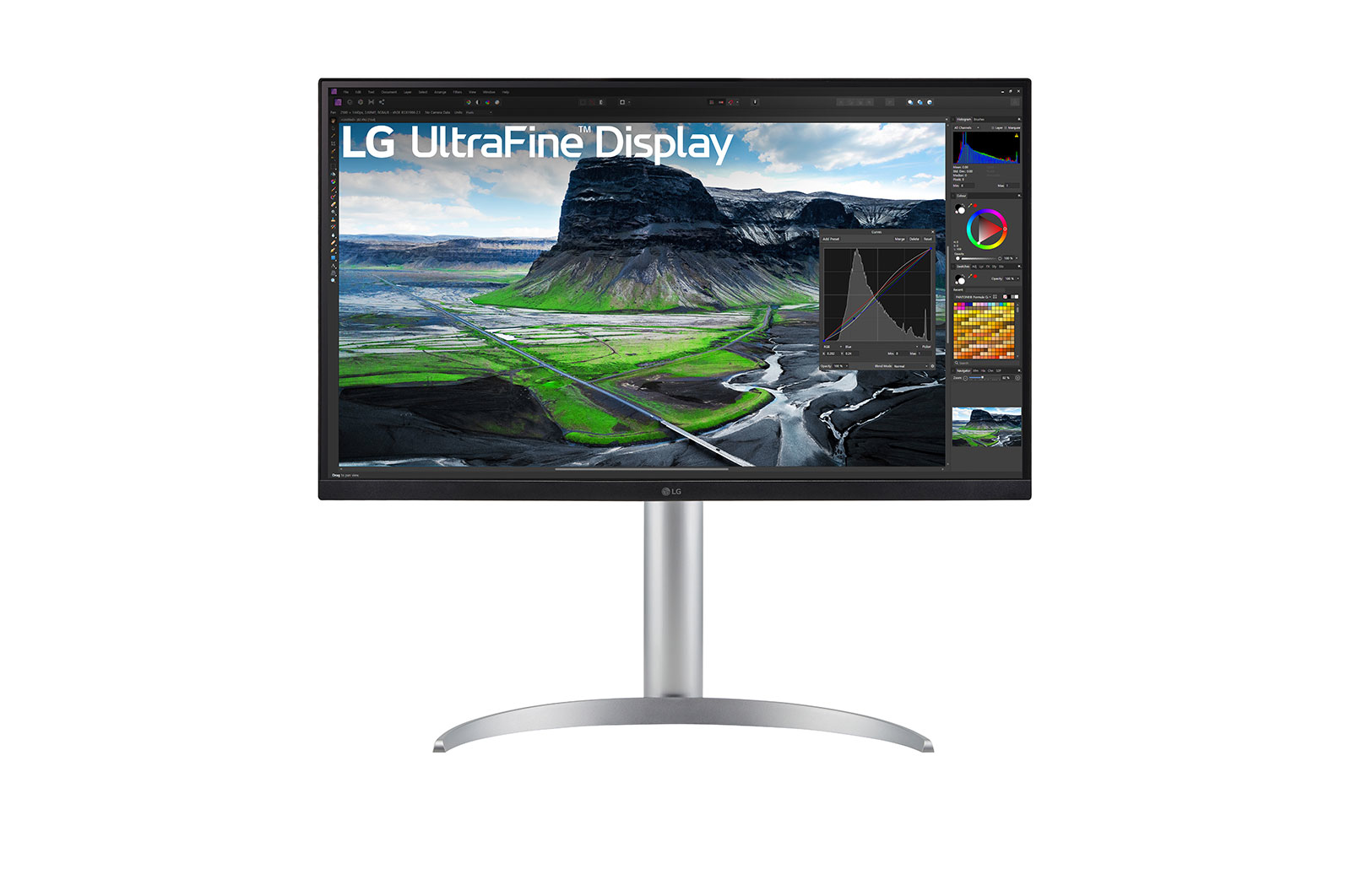 Monitor LG UltraFine Display con supporto argentato, che mostra un'immagine di paesaggio sullo schermo.