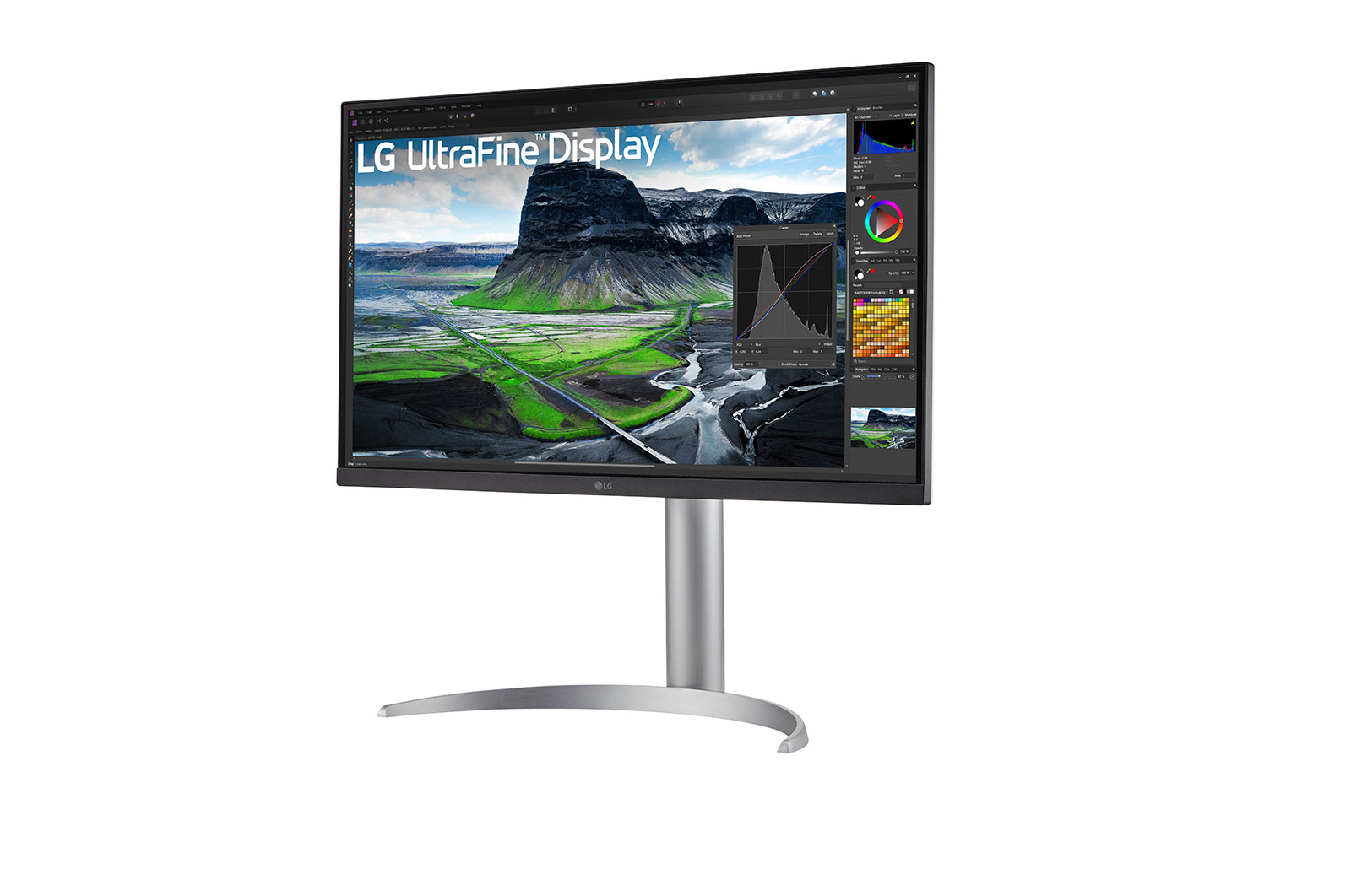 Un monitor LG UltraFine Display con supporto, che mostra un'interfaccia di color grading.