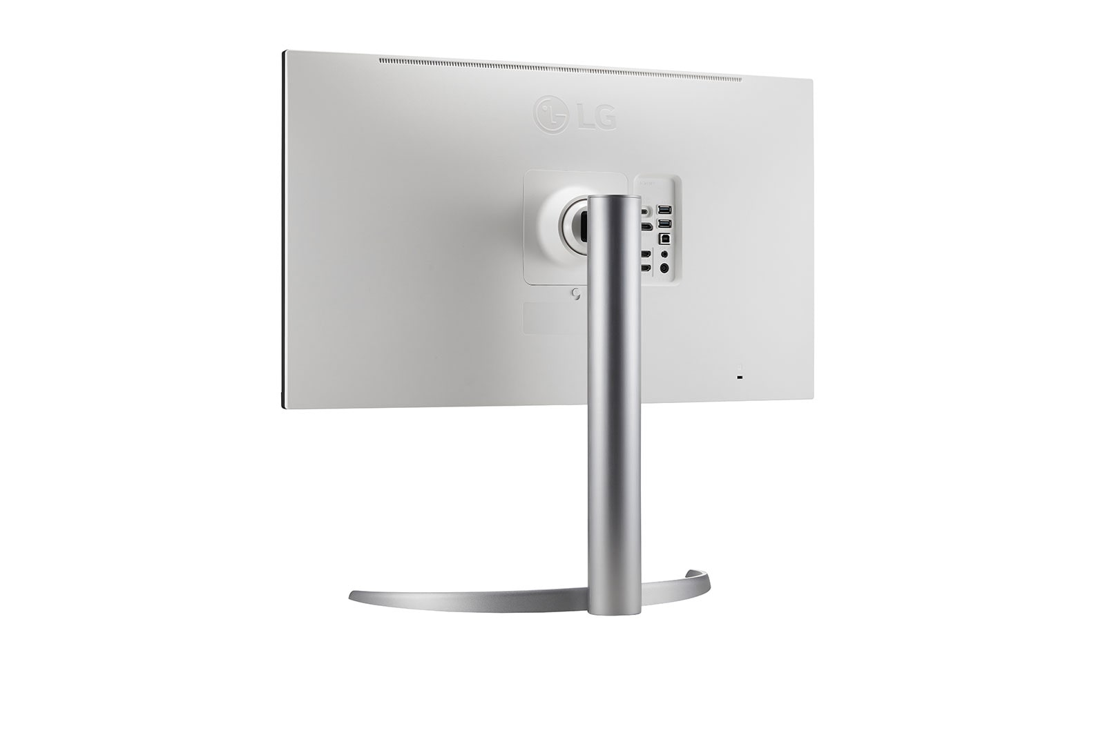 Il retro di un monitor LG bianco con supporto argentato. Le porte sono visibili.