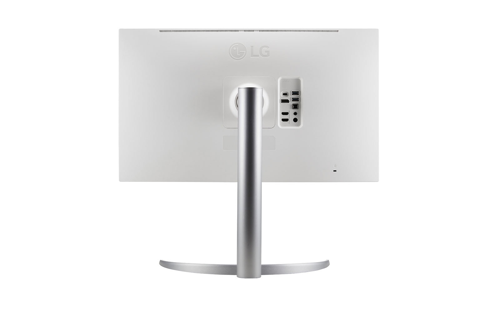 Vista posteriore di un monitor LG bianco con supporto e porte visibili.