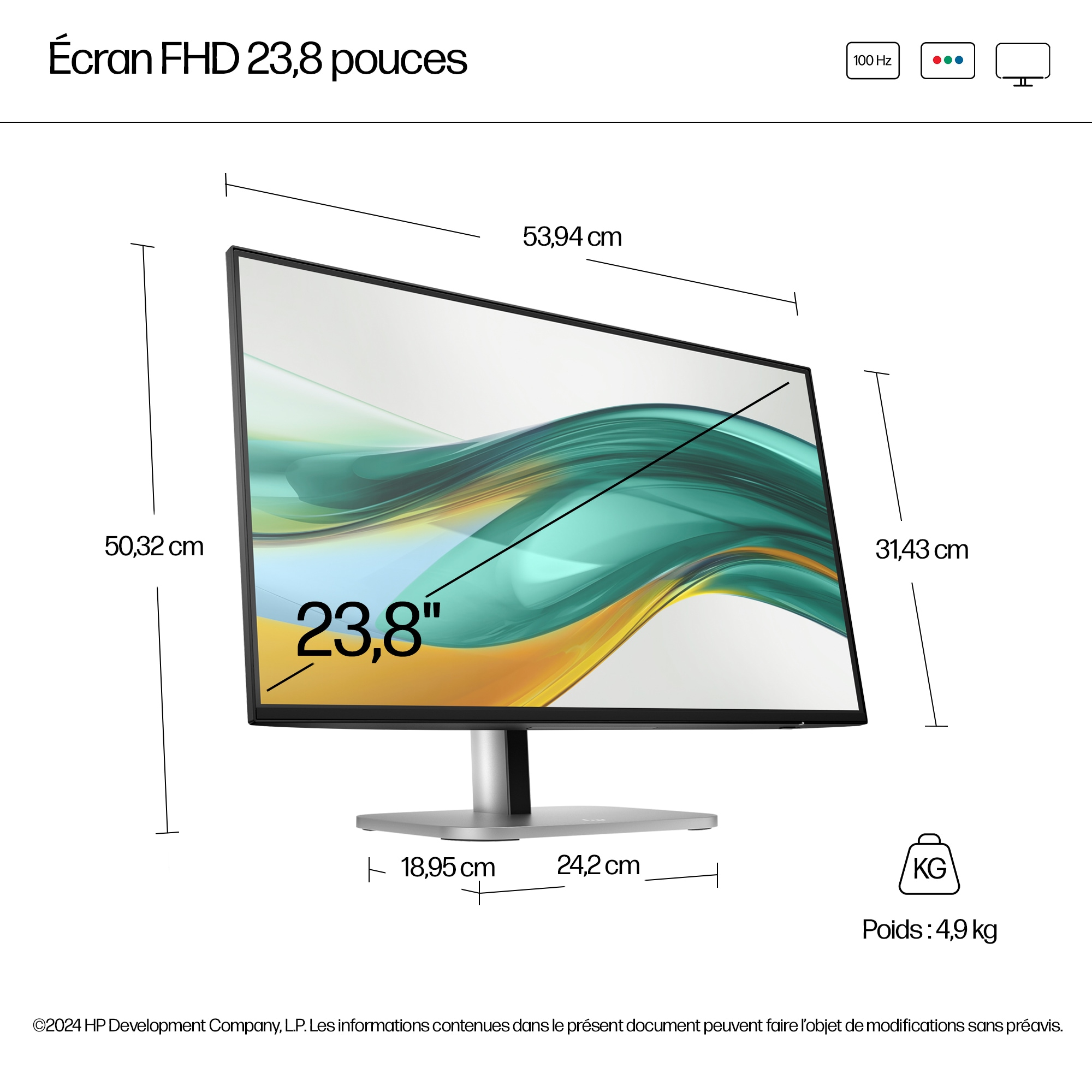 A computer monitor displaying dimensions and specifications.