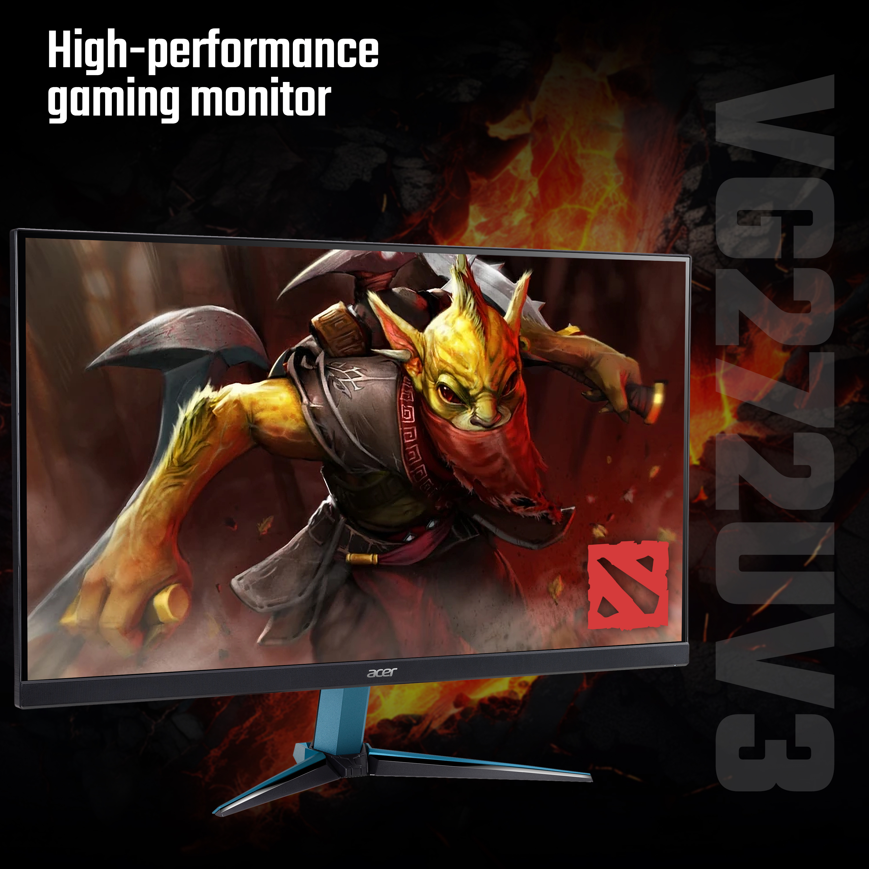 Un monitor da gioco mostra un personaggio di Dota 2 con uno sfondo infuocato.