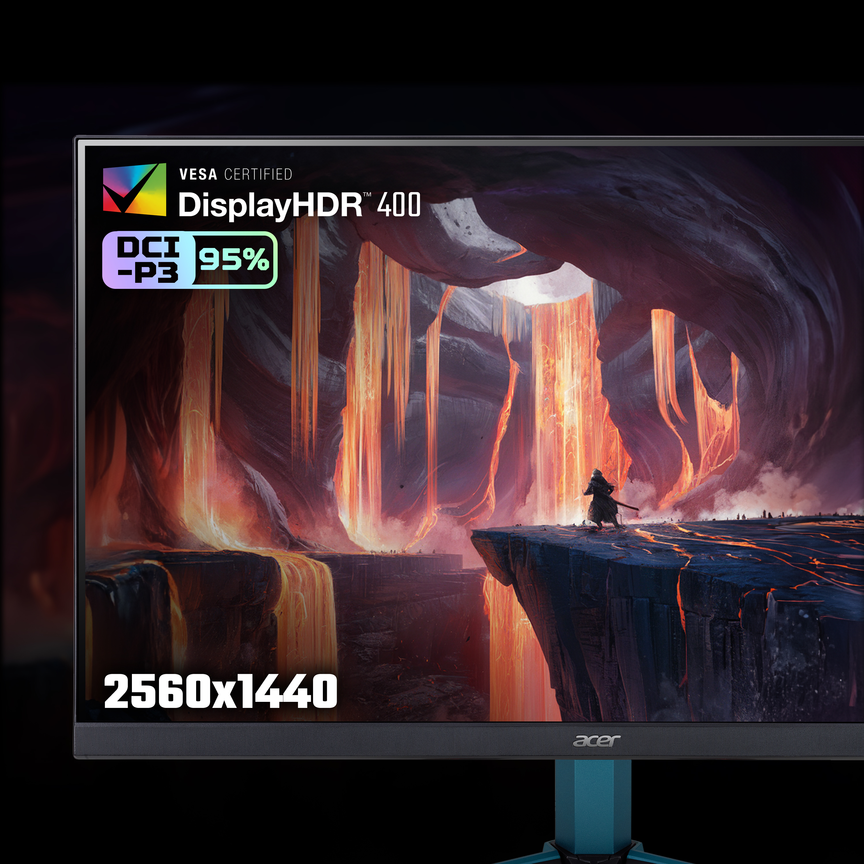 Monitor con display, scena di montagna e testo '2560x1440'.