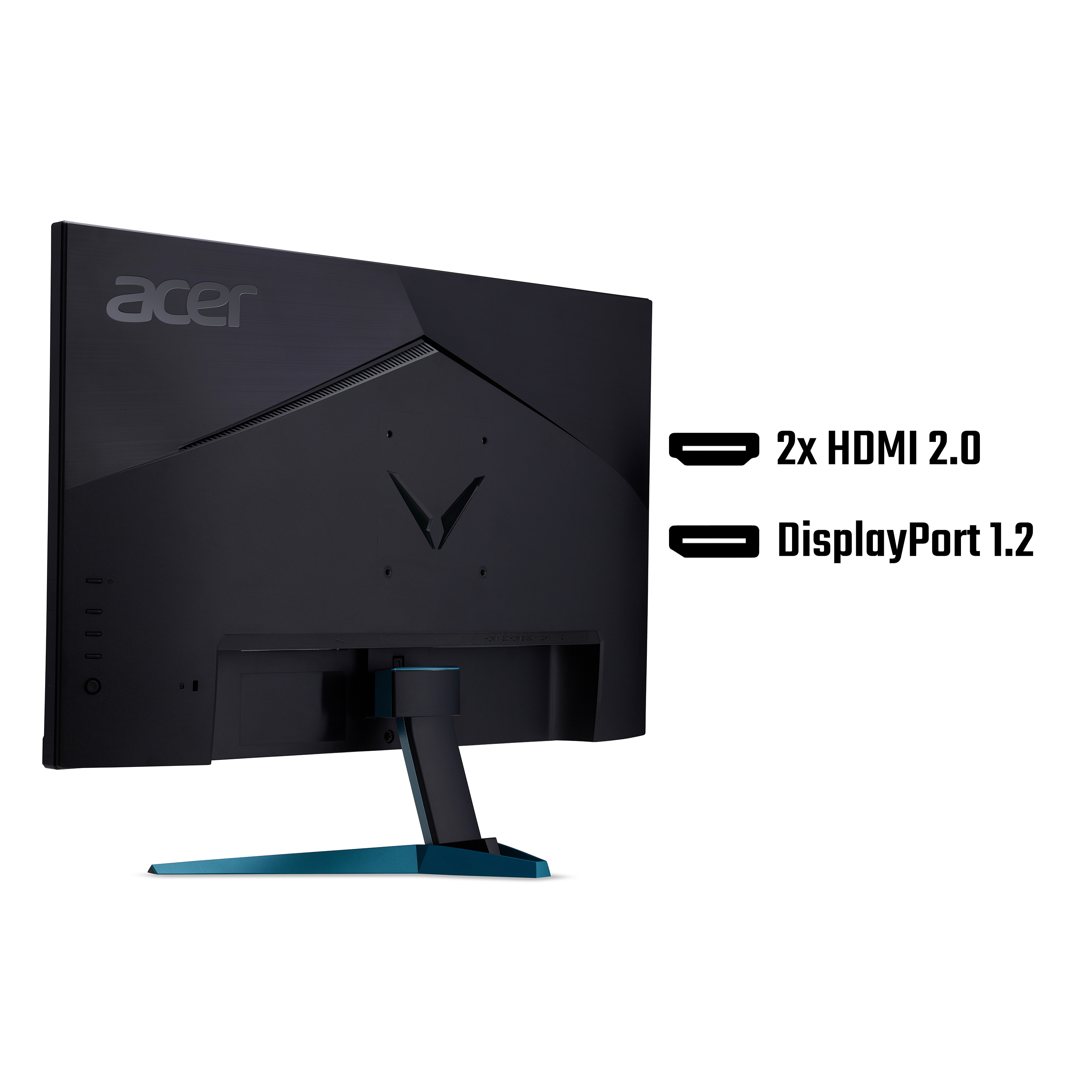 Il retro di un monitor da gioco nero e verde acqua che mostra le porte e il design.