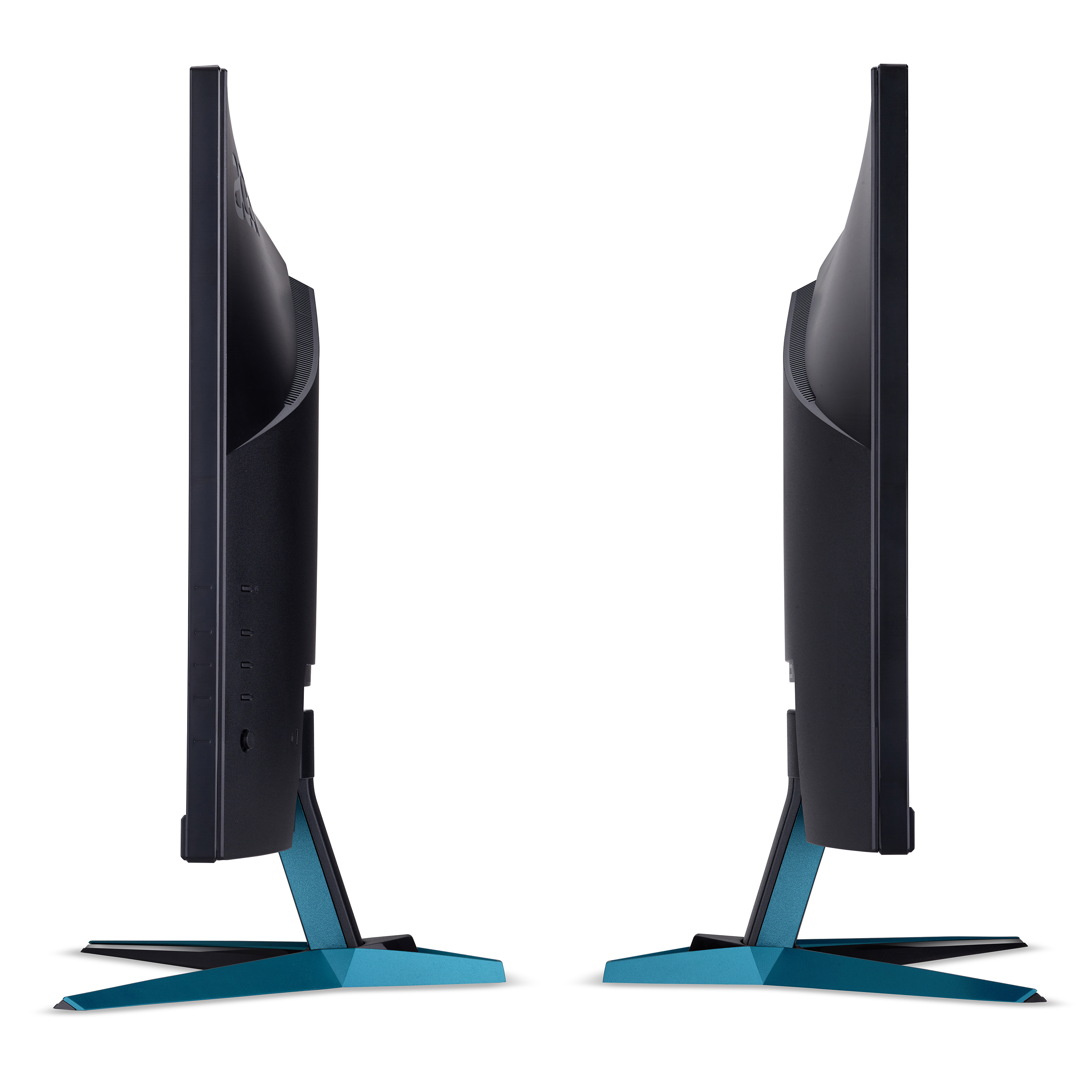 Due viste laterali di un monitor da gioco nero e verde acqua, che mostrano il suo profilo.