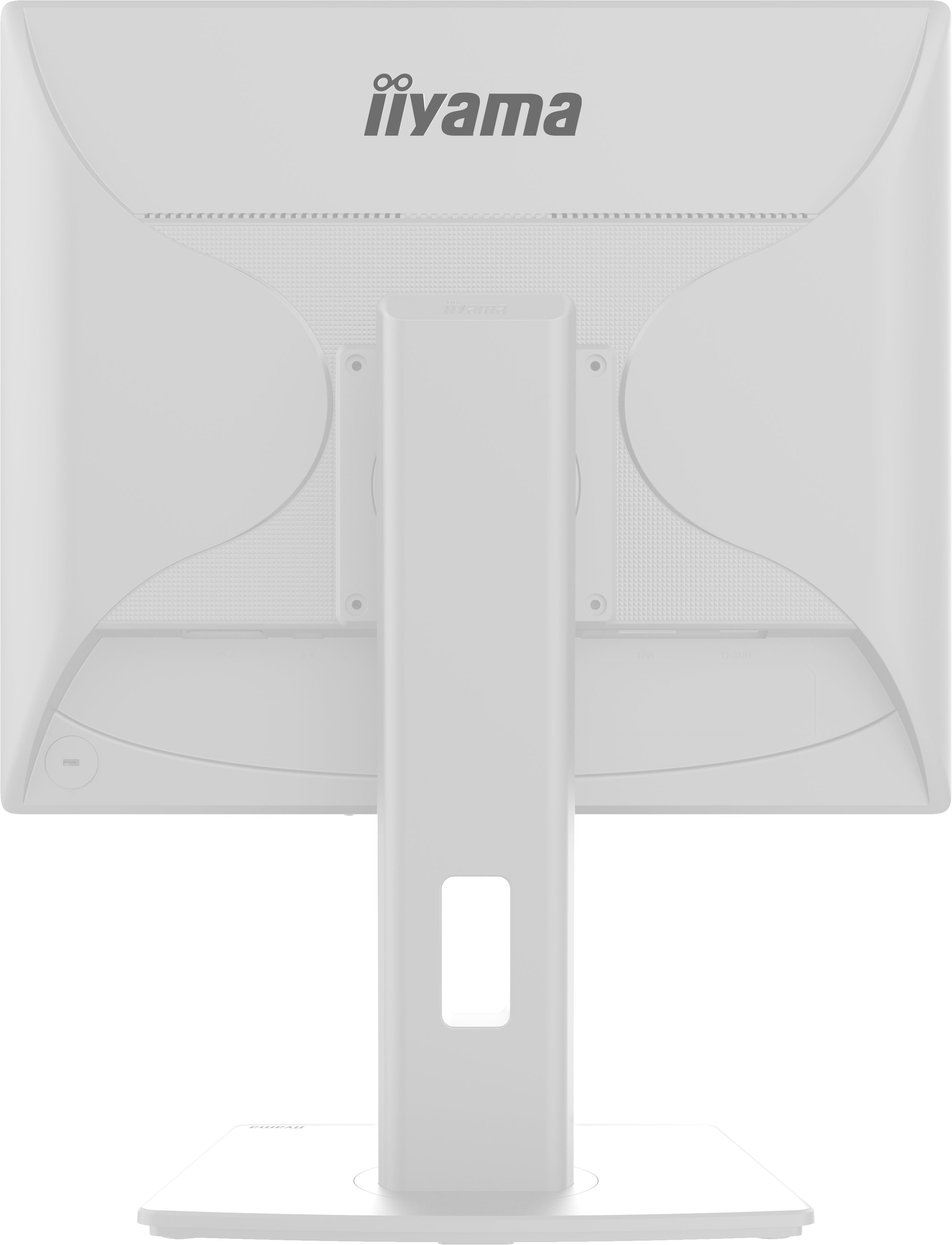 Widok z tyłu białego monitora Iiyama. Stojak jest przymocowany. Logo jest widoczne.
