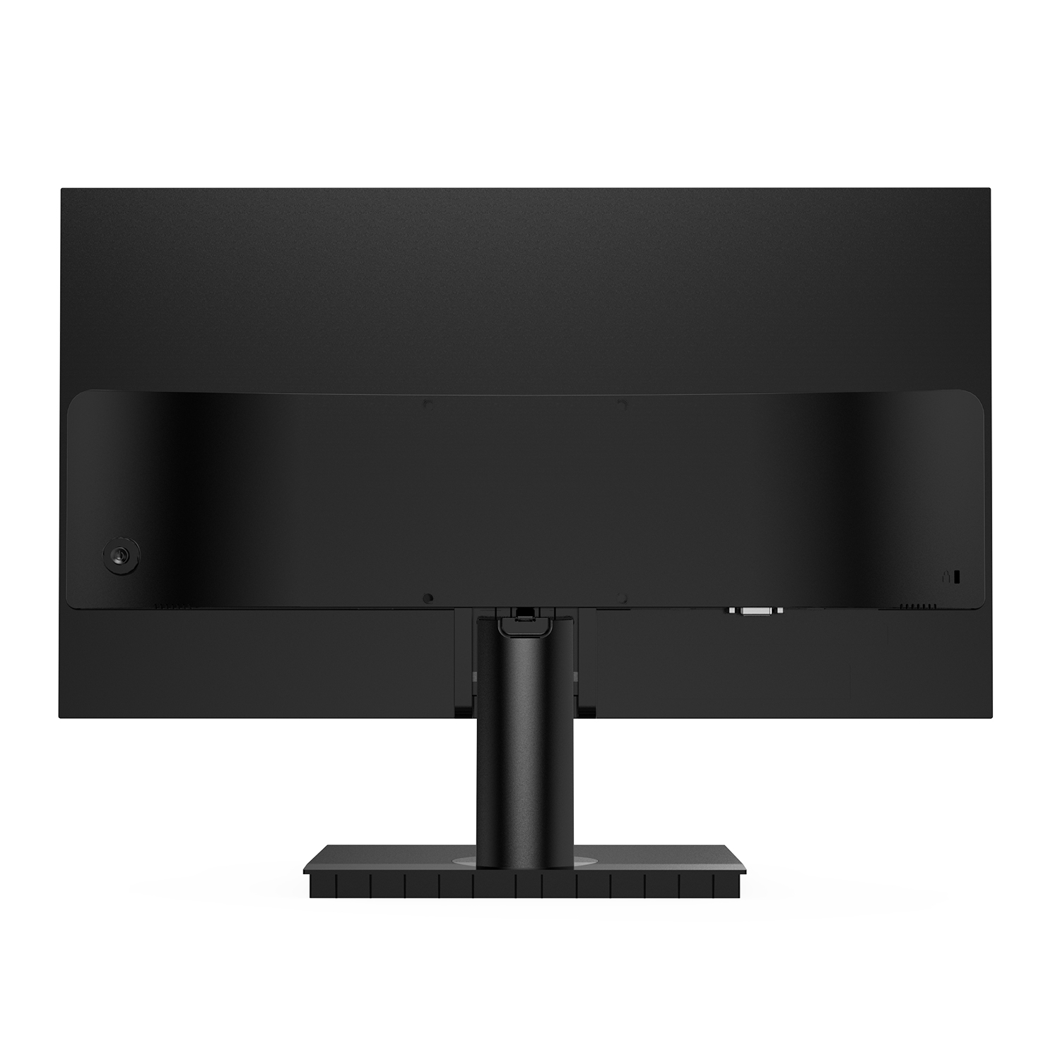 Un monitor de computadora, negro, visto desde atrás, mostrando conexiones y soporte.