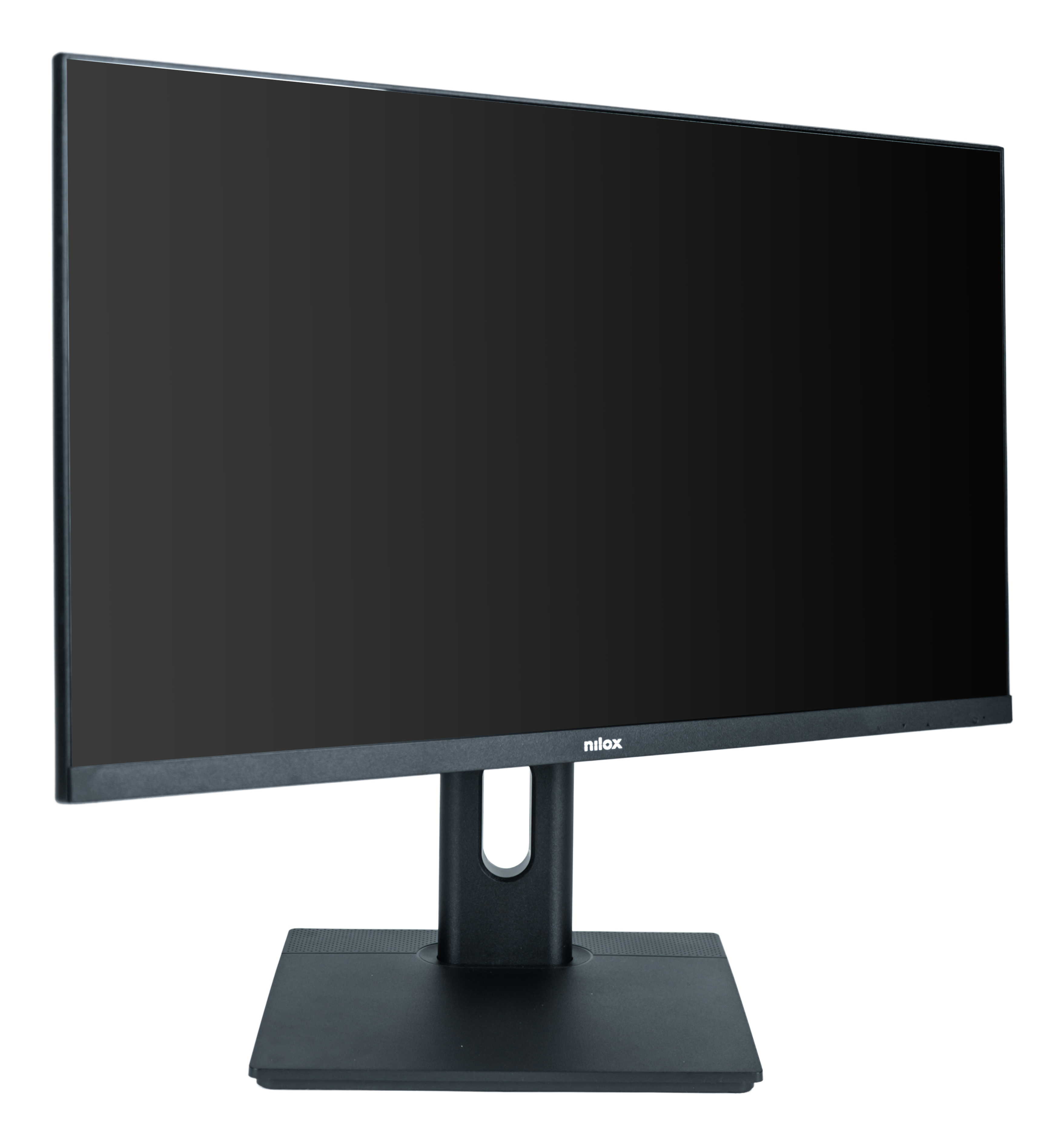 Schwarzer Computermonitor auf schwarzem Ständer, weißer Hintergrund.
