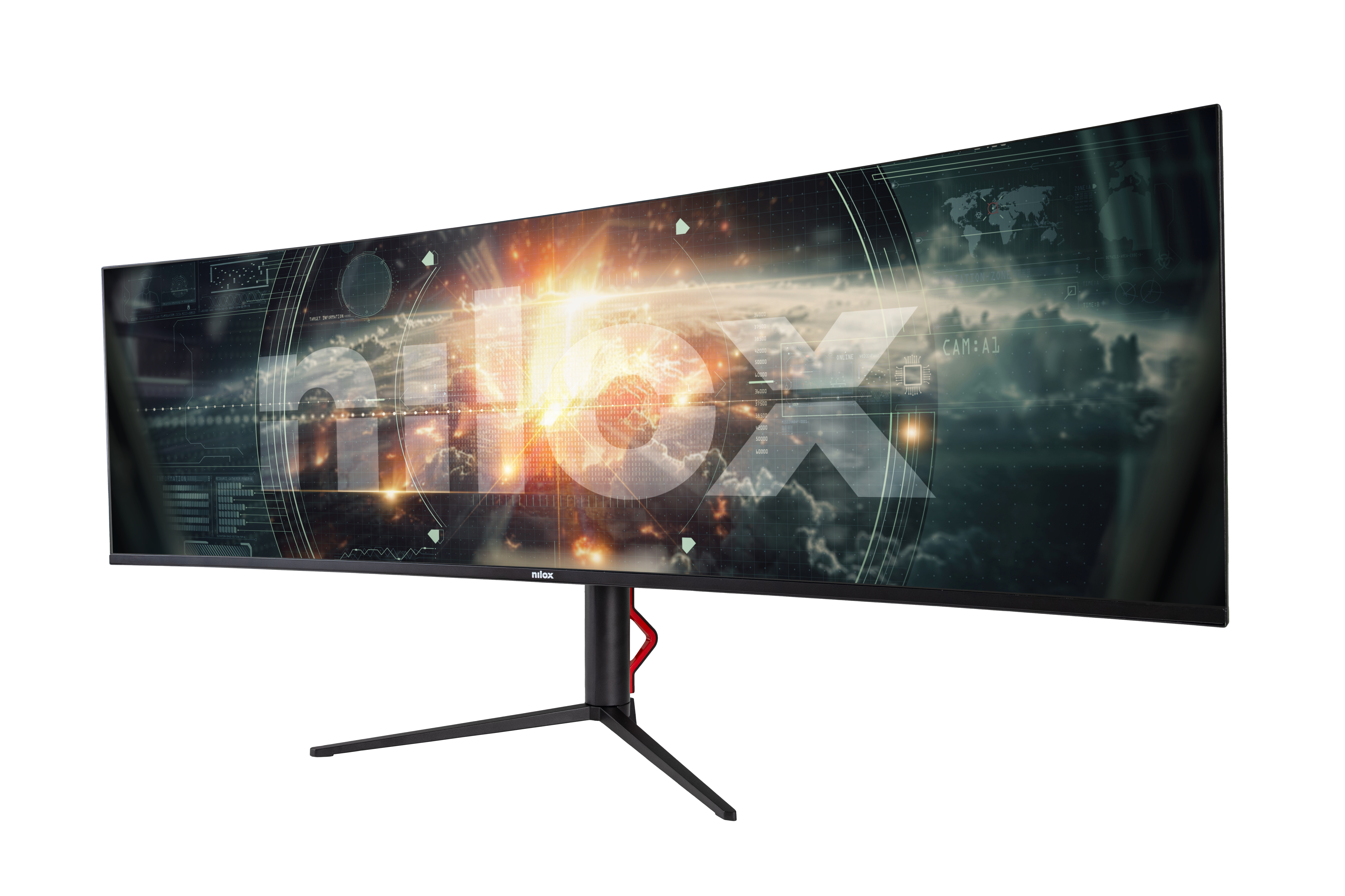 Zakrzywiony monitor komputera wyświetlający grafikę eksplozji z nałożonym tekstem.