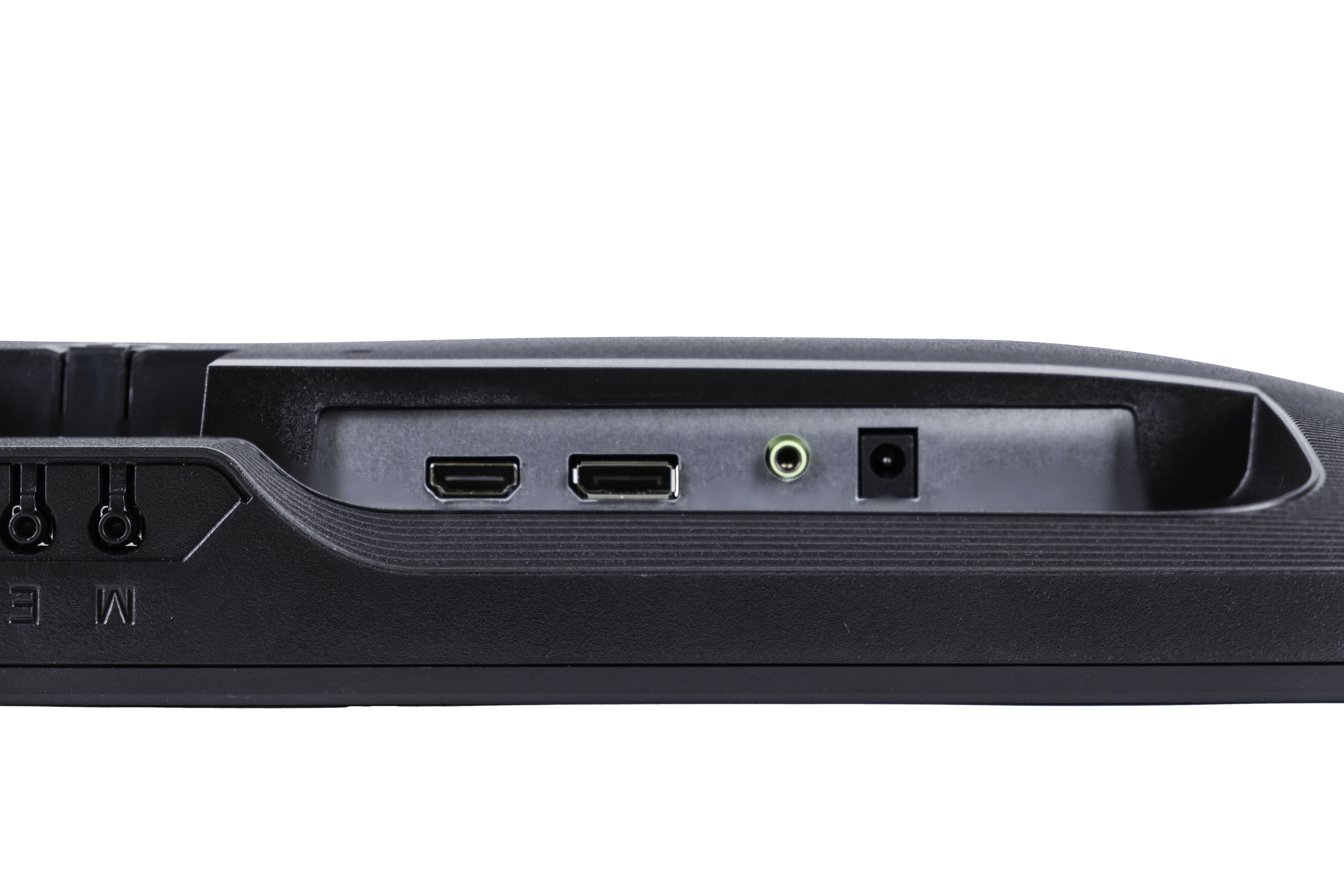 Czarny monitor komputera. Tylny panel z portami. Białe tło.