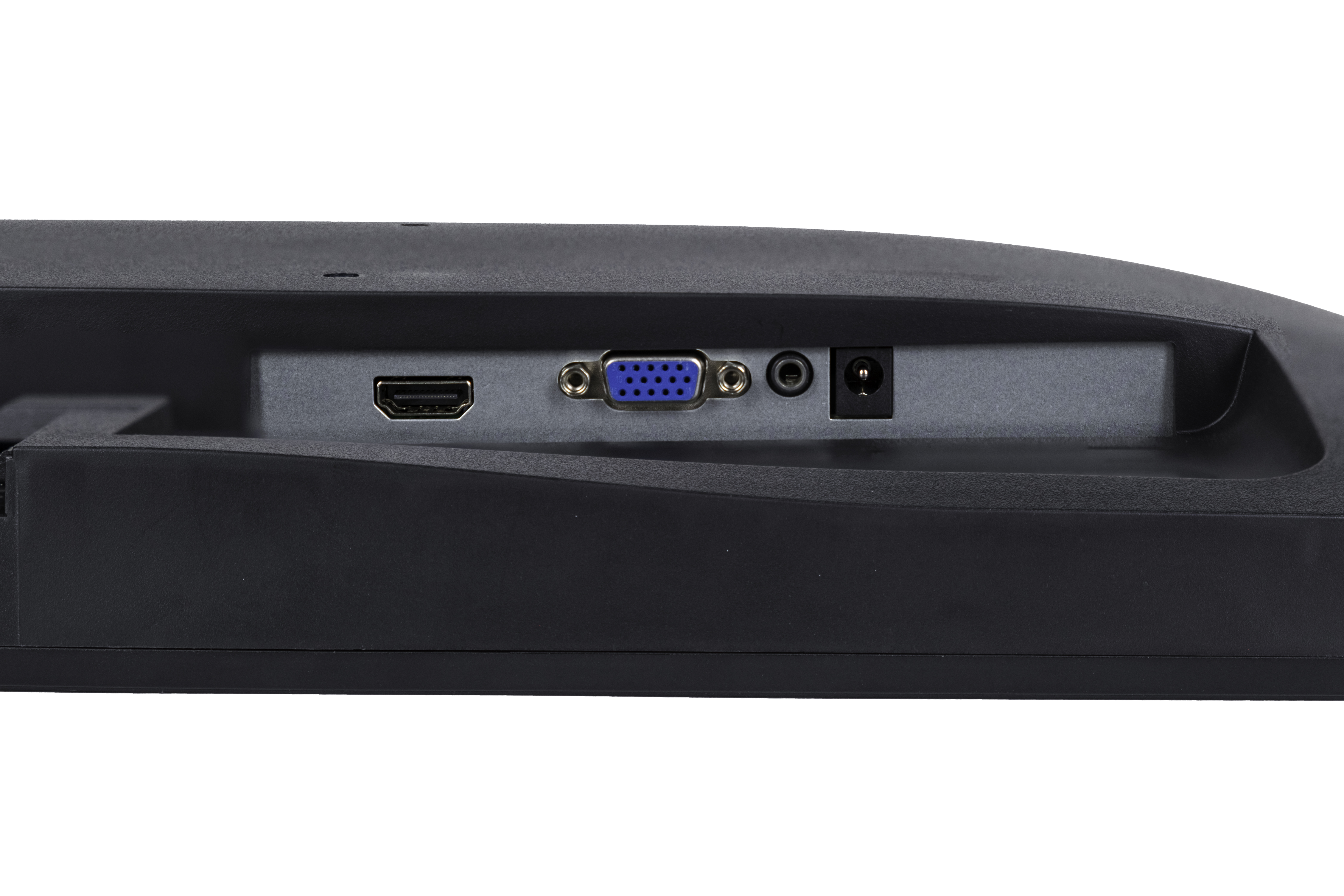 Zbliżenie tylnego panelu monitora. Posiada porty HDMI, VGA, audio i zasilania.