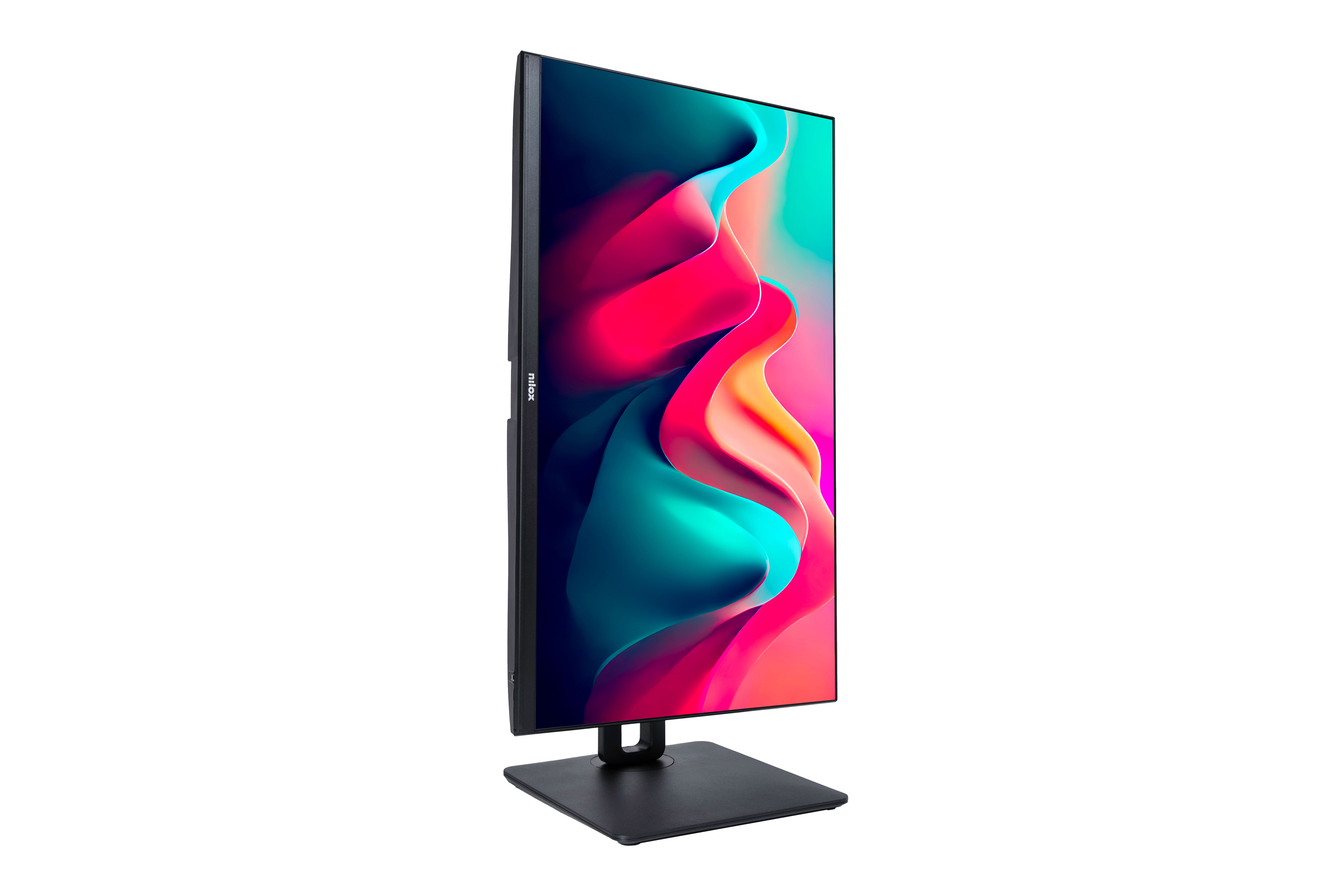 Monitor z boku, z kolorowym wyświetlaczem i czarną podstawą.