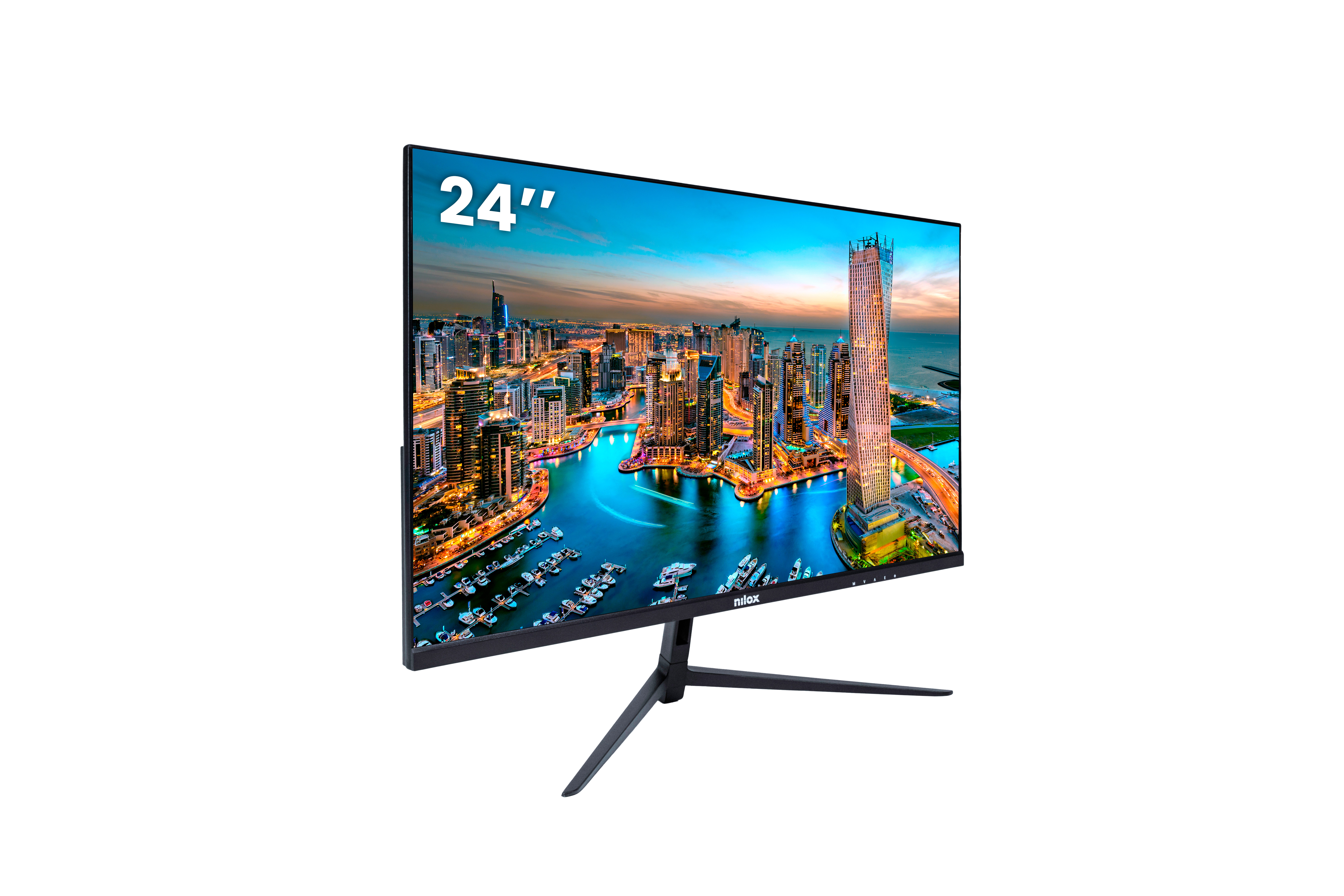 Un monitor negro que muestra un paisaje urbano con un cielo brillante.