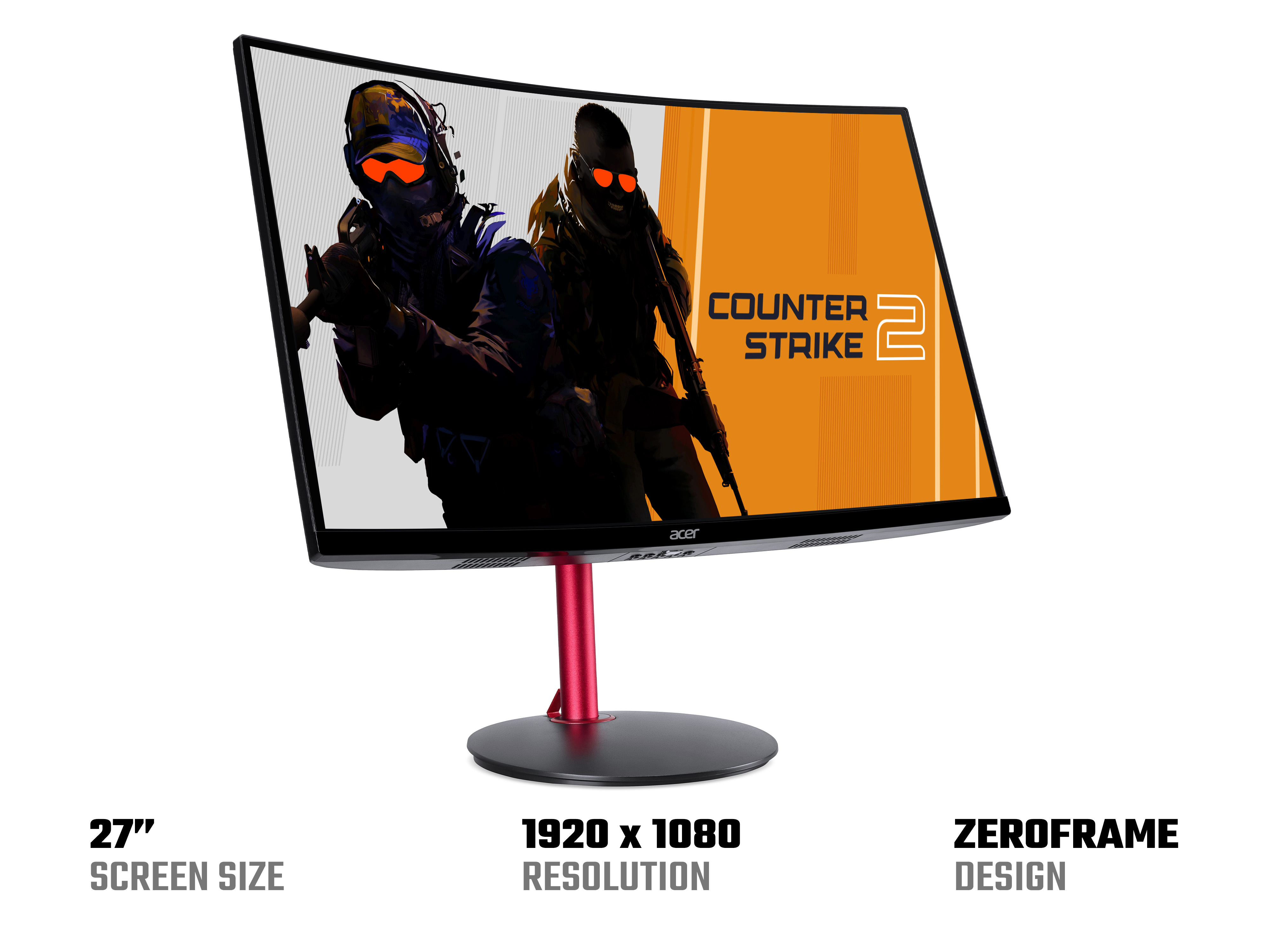 Monitor per computer curvo con immagine di gioco e supporto rosso.