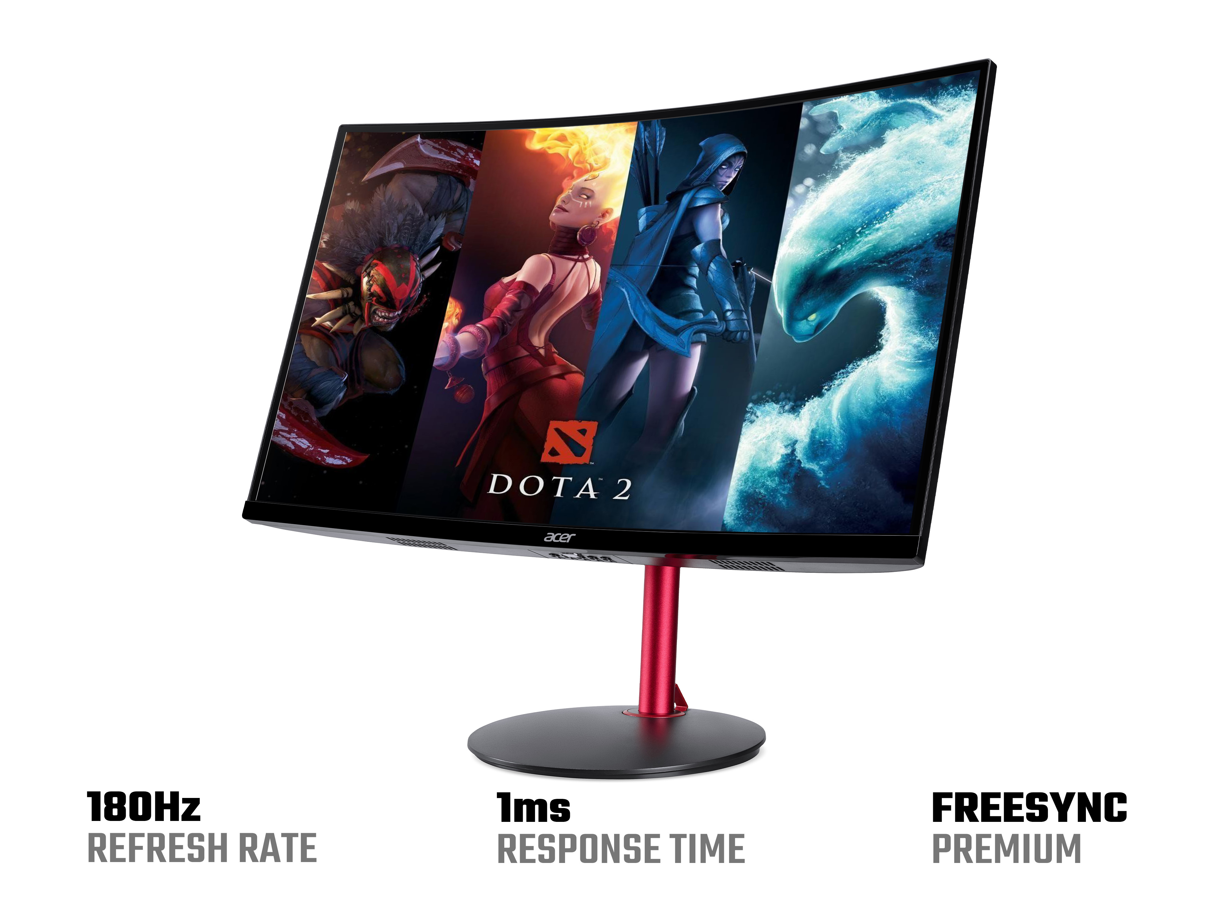 Monitor Acer curvo con immagine di Dota 2, supporto rosso e base nera. 180Hz, 1ms, FreeSync.