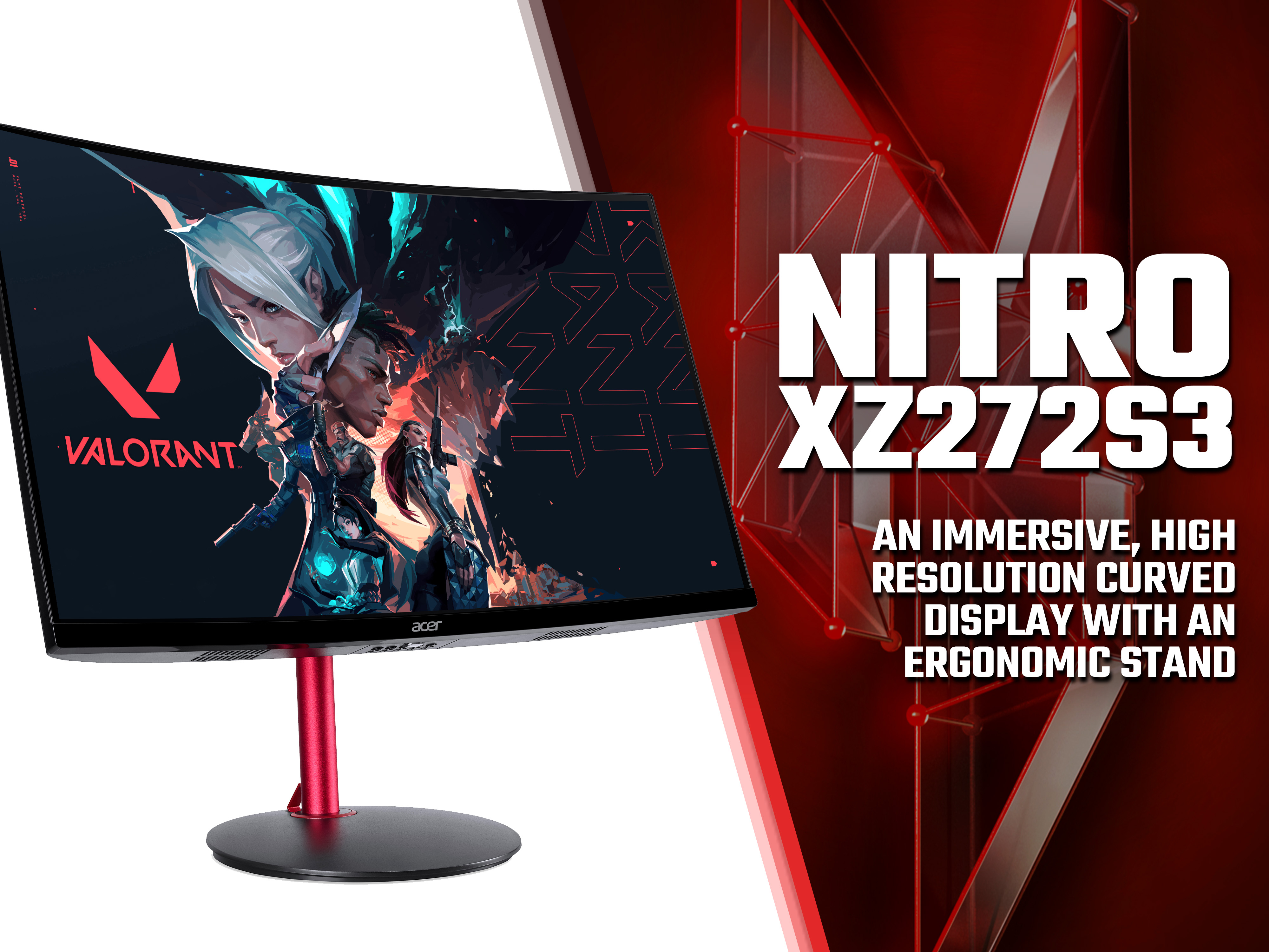 Monitor curvo con gioco, supporto rosso, testo 'NITRO' e dettagli del prodotto.