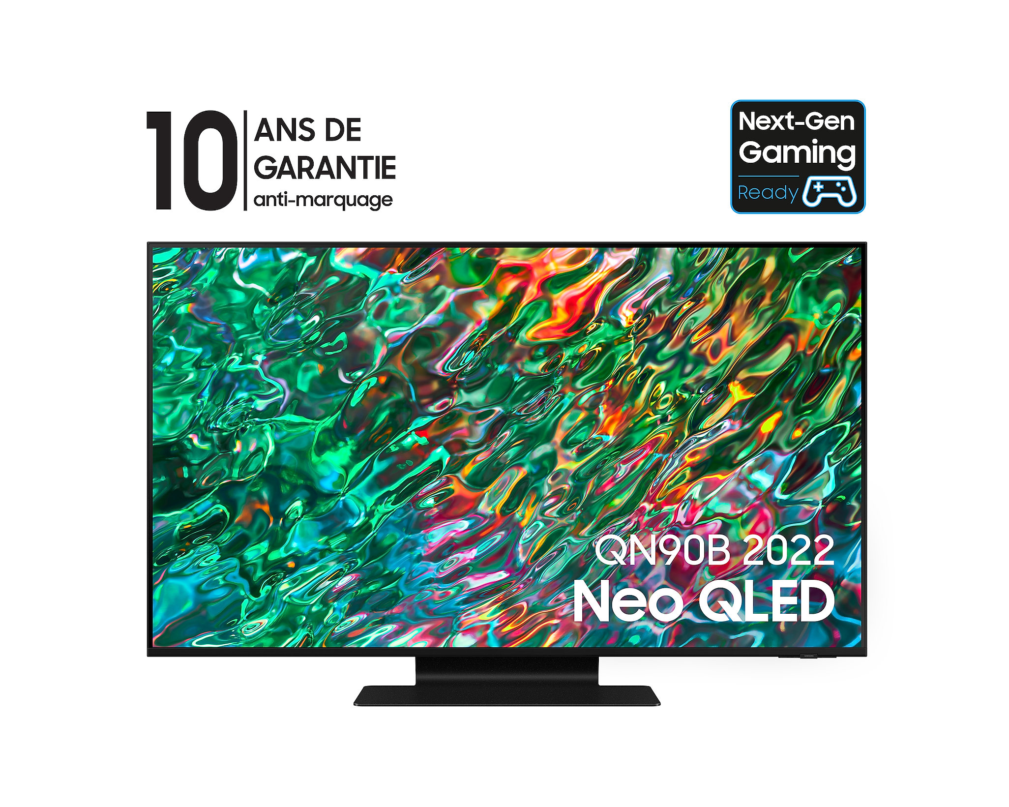 Ekran telewizora z obrazem, czarną podstawą i napisem QN90B 2022 Neo QLED.