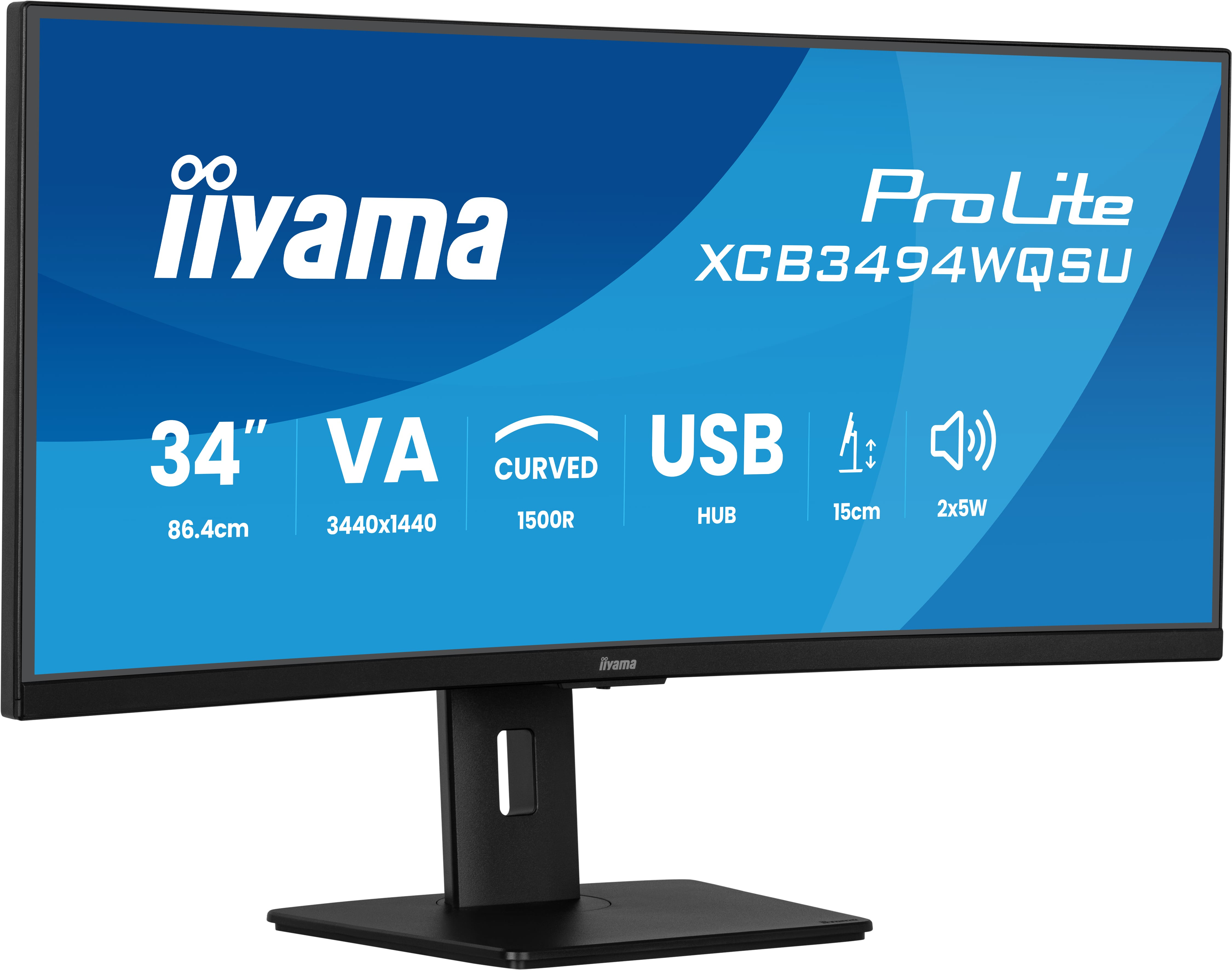 Een gebogen iiyama-monitor, zwart, met een standaard. Tekst bevat grootte, resolutie en USB-hub details.
