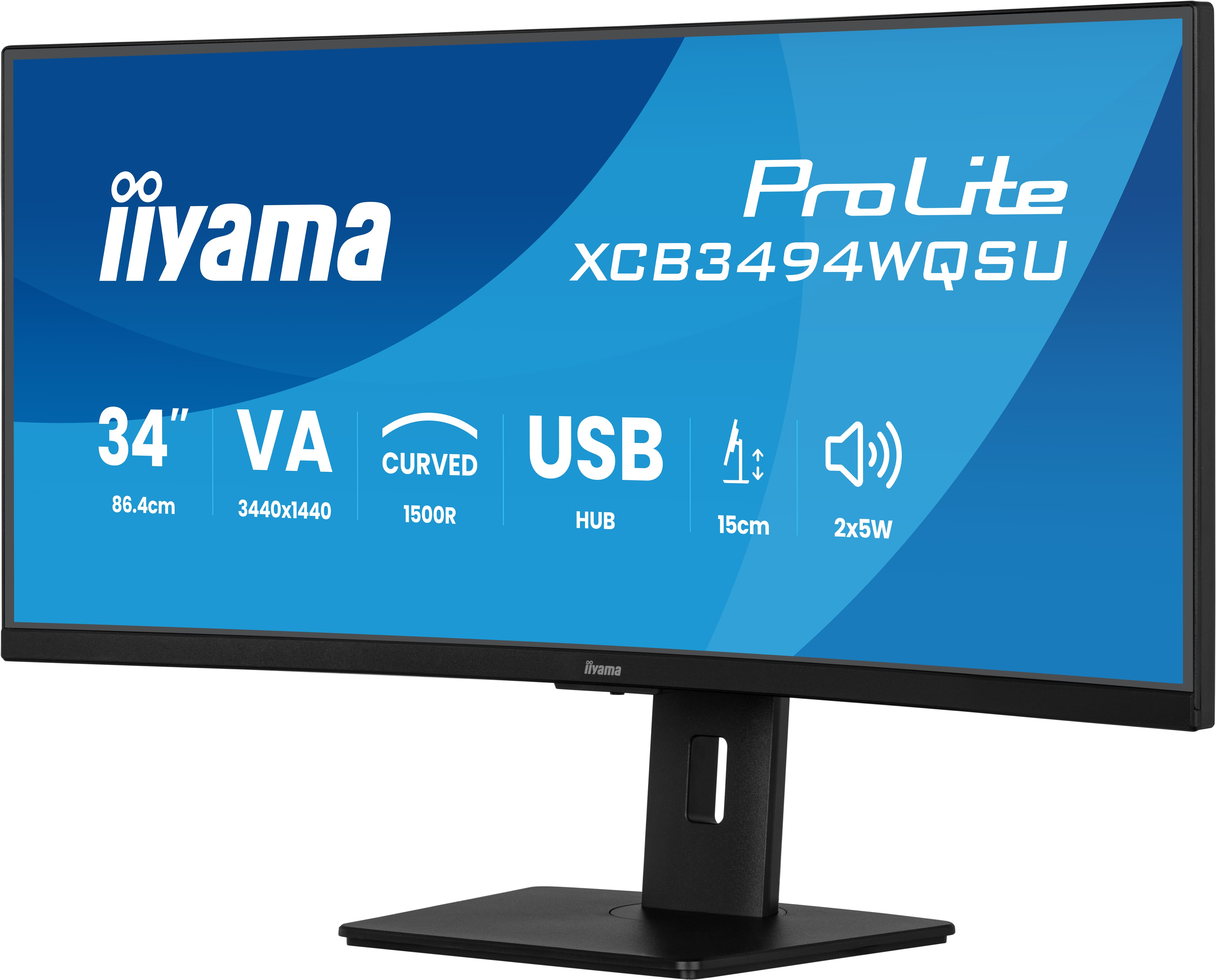 Een gebogen computermonitor met een zwarte standaard, met het ProLite-model.