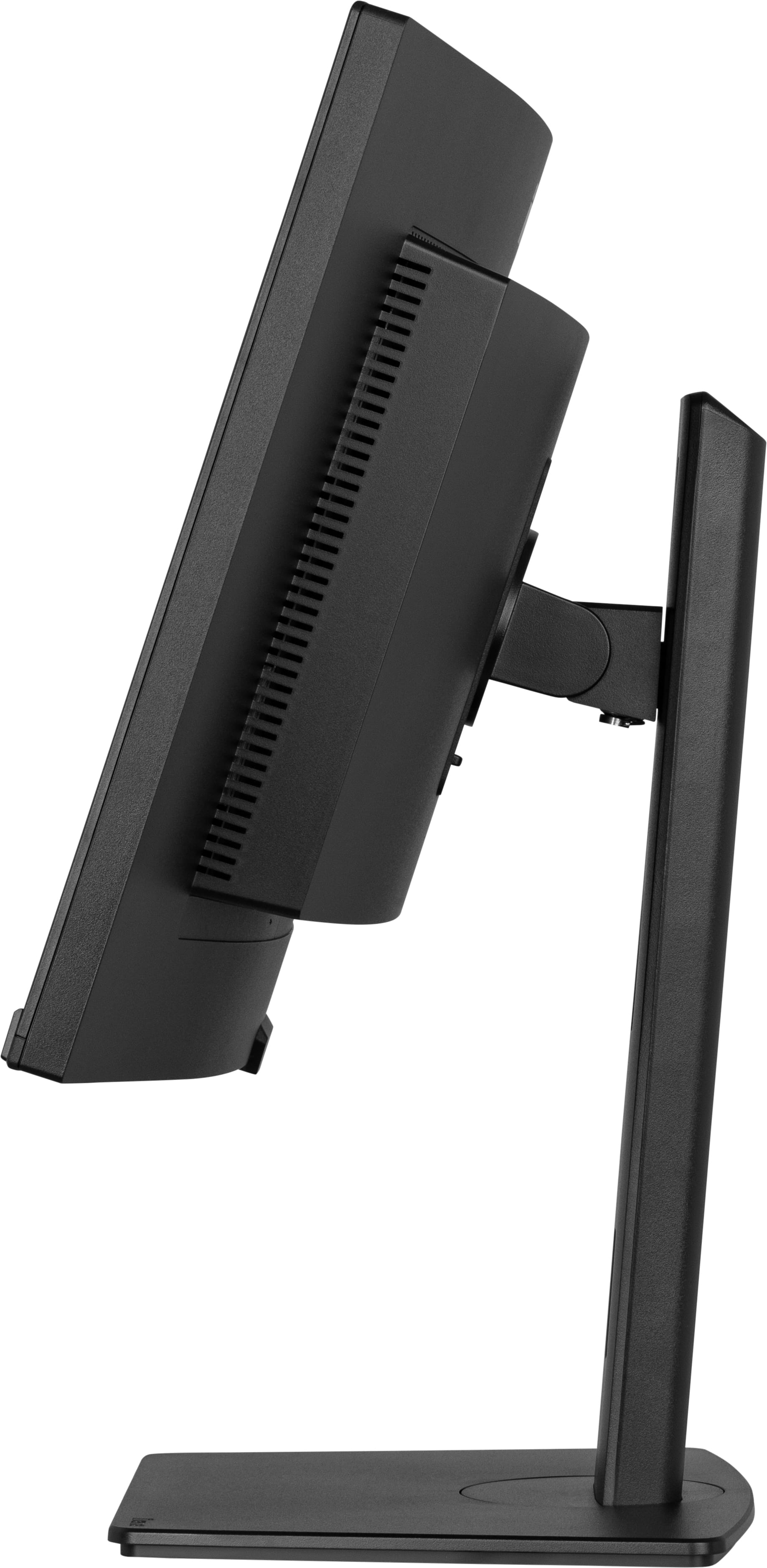Zwarte computermonitor, zijaanzicht. Het scherm is schuin, ondersteund door een standaard.