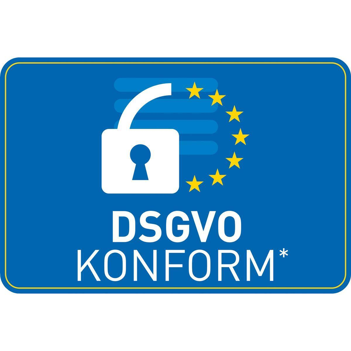Blaues Schild mit weißem Vorhängeschloss, Sternen und dem Text "DSGVO KONFORM*", der die DSGVO-Konformität anzeigt.