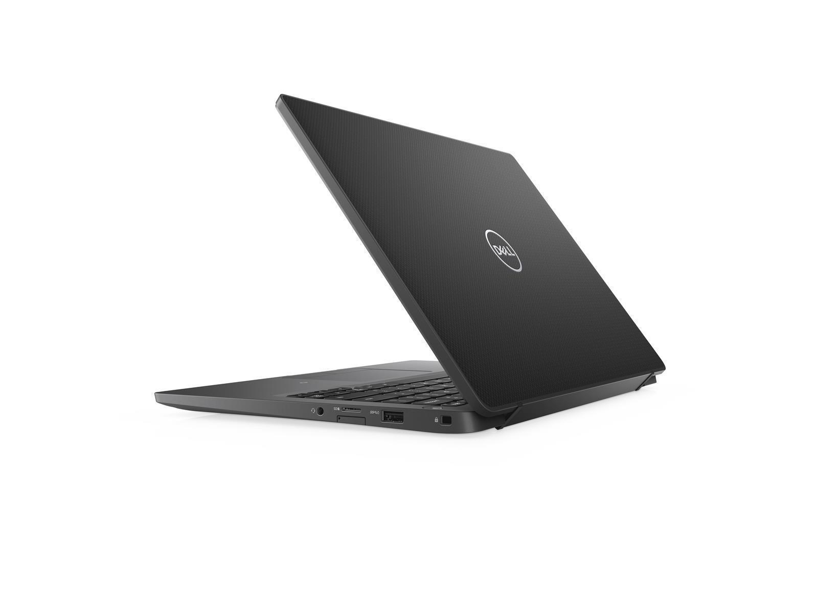 Ein Dell Laptop, schwarz, leicht geöffnet, zeigt die Tastatur und das Dell-Logo.