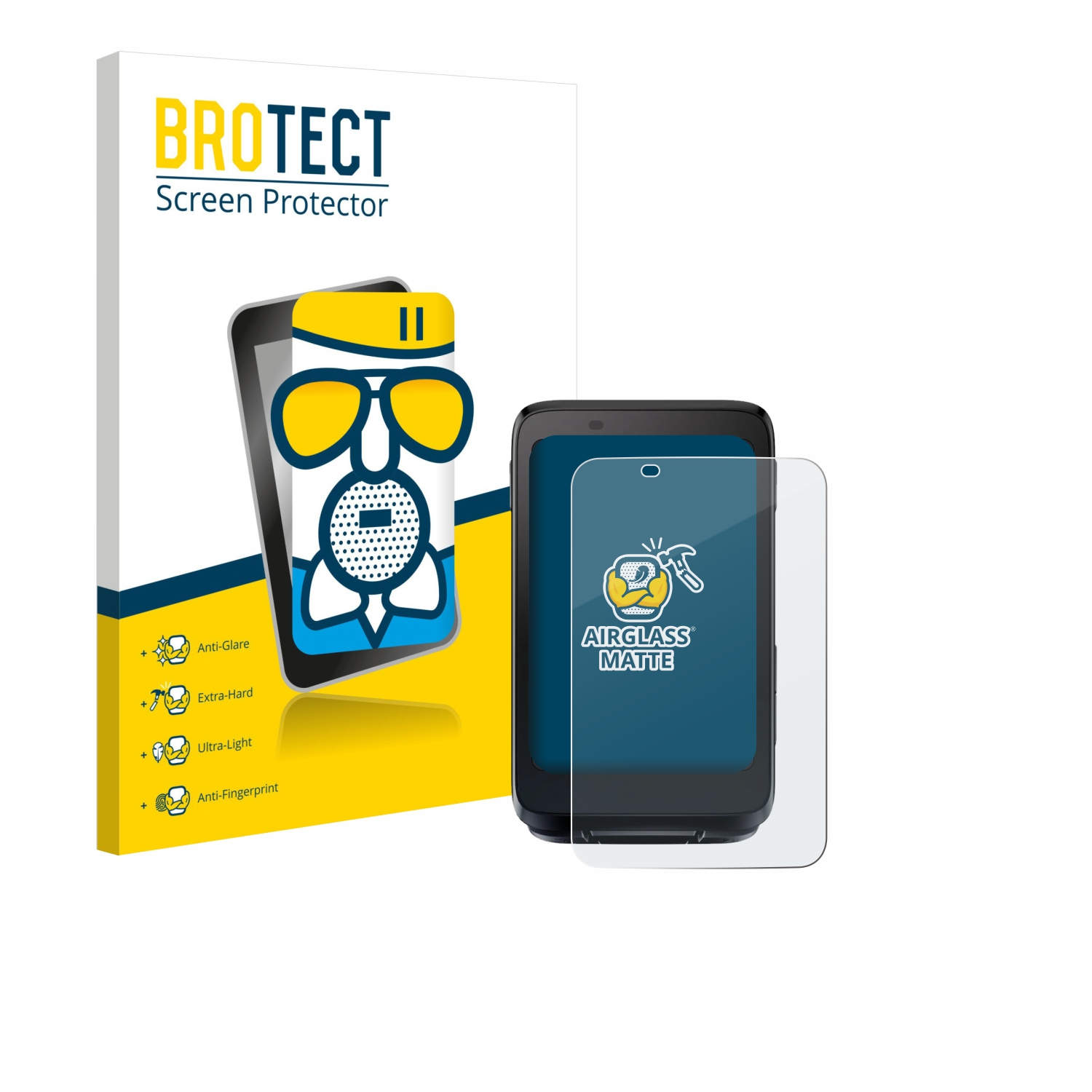 Eine Displayschutzfolienverpackung und ein weißes Mobiltelefon mit angebrachter Folie.