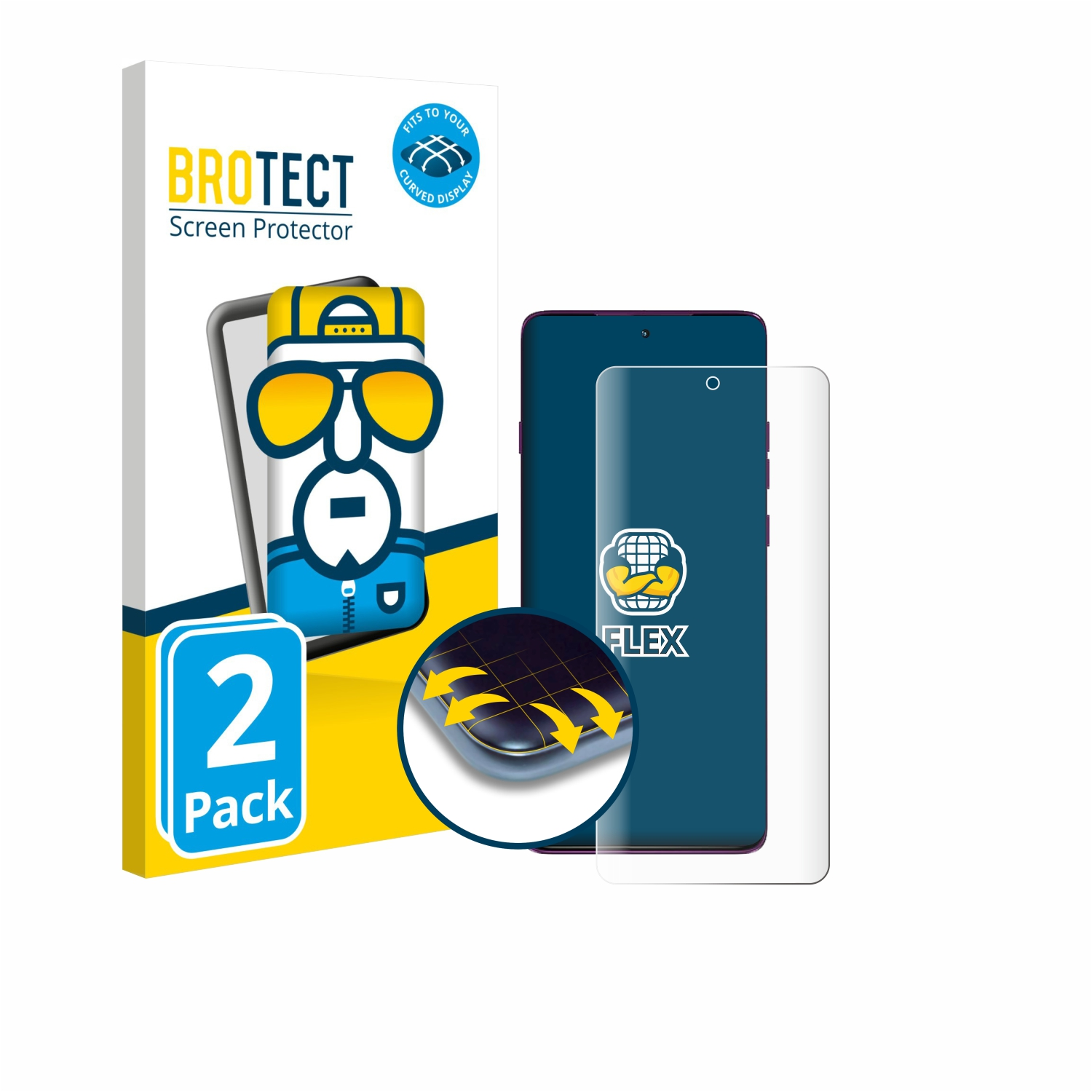 Displayschutzfolien-Kit mit gewölbtem Display. Verpackung zeigt eine Zeichentrickfigur.