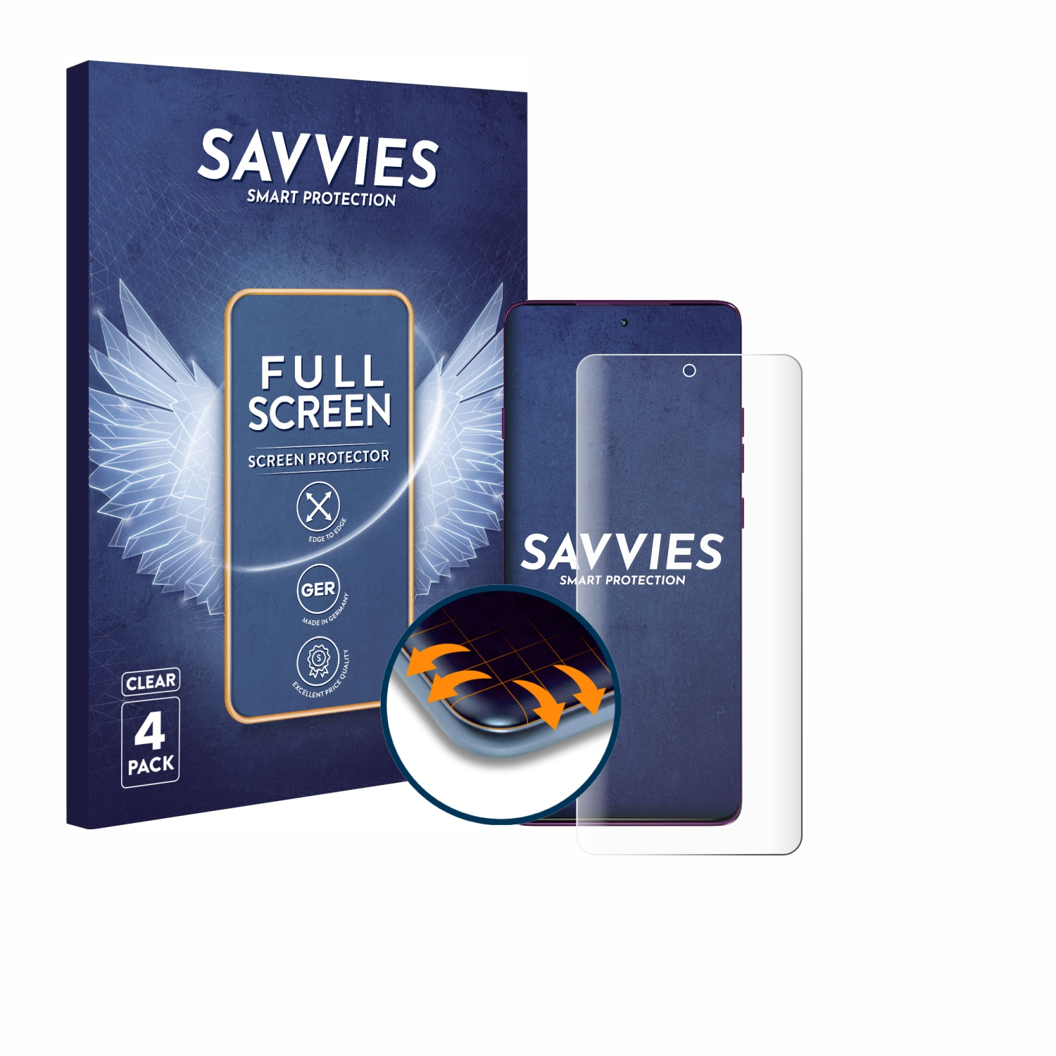Eine Displayschutzfolienverpackung und ein Schutz werden gezeigt. Die Verpackung hat ein Logo.