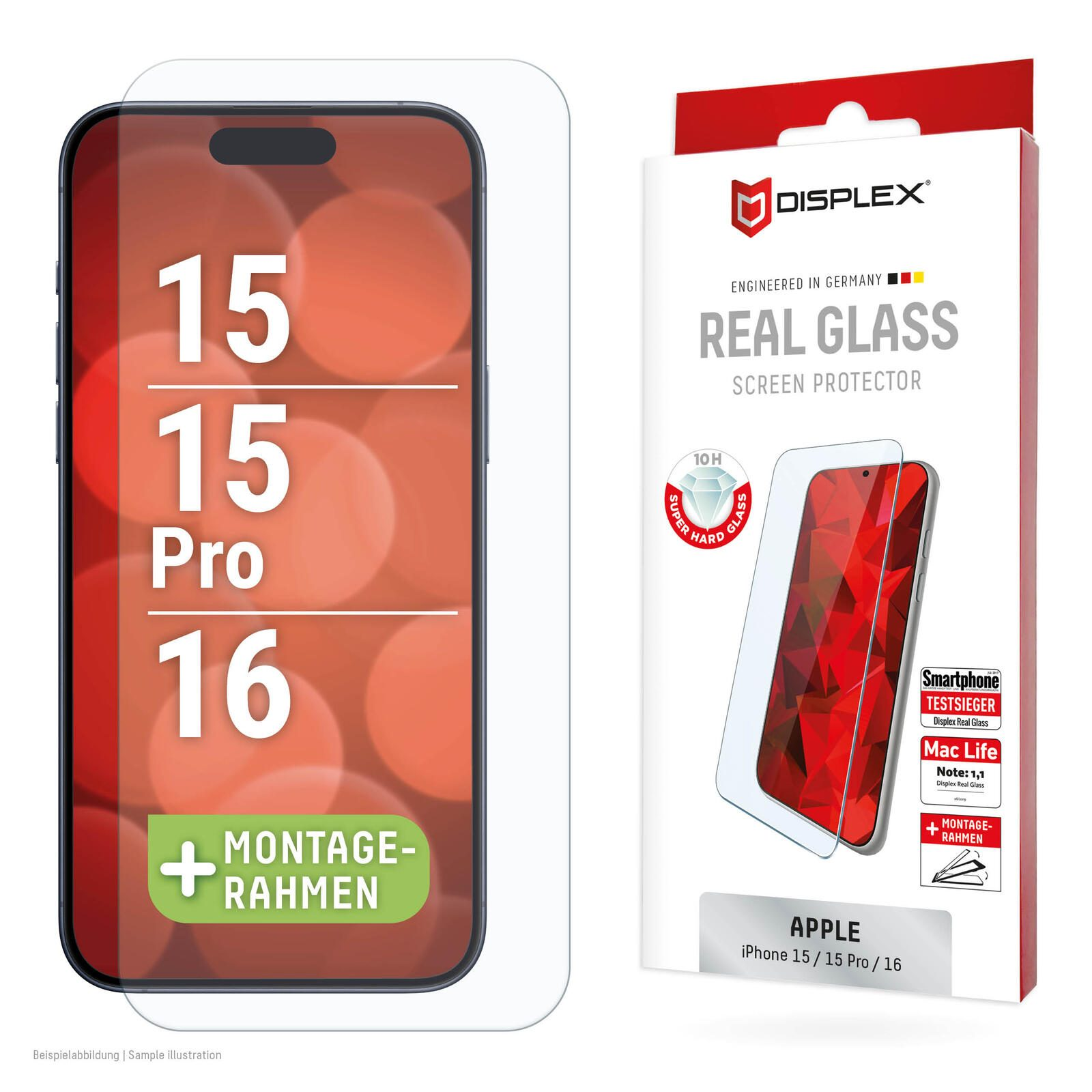 Una protezione per lo schermo per iPhone 15/15 Pro/16 nella confezione, con dettagli rossi e bianchi, su bianco.