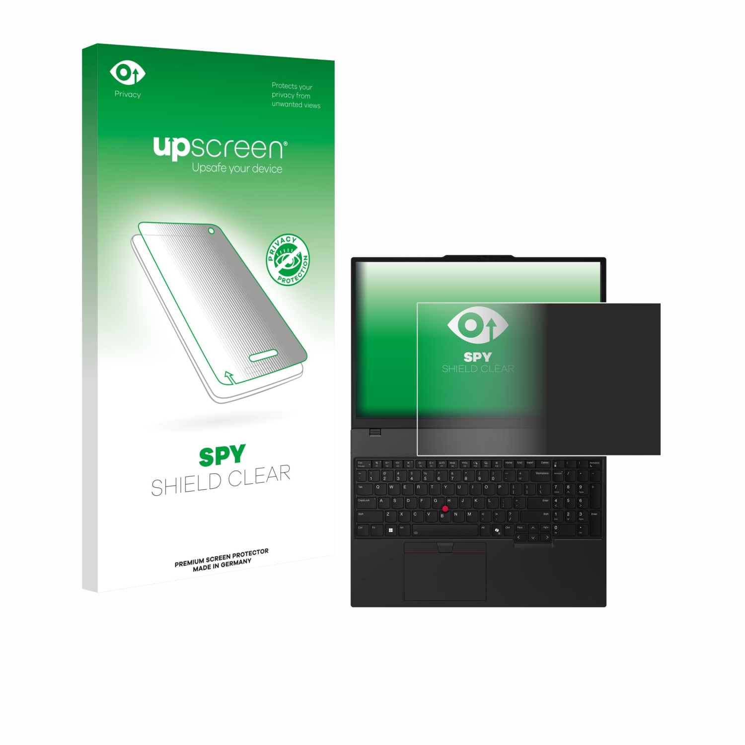 Laptop mit Displayschutz und Box. Sichtschutzfilter auf dem Bildschirm. Weißer Hintergrund.