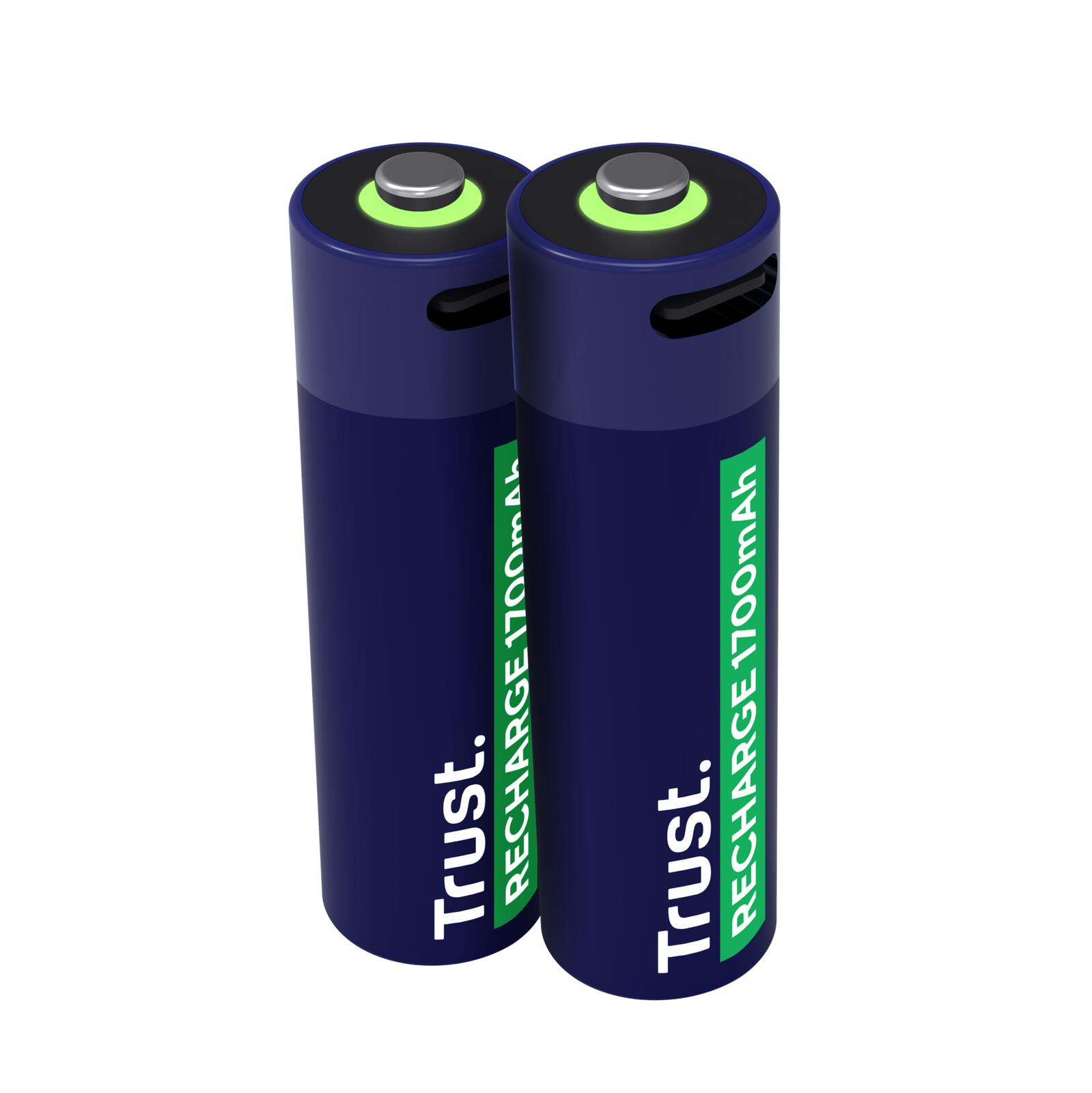 Due batterie ricaricabili blu con accenti verdi, sfondo bianco.