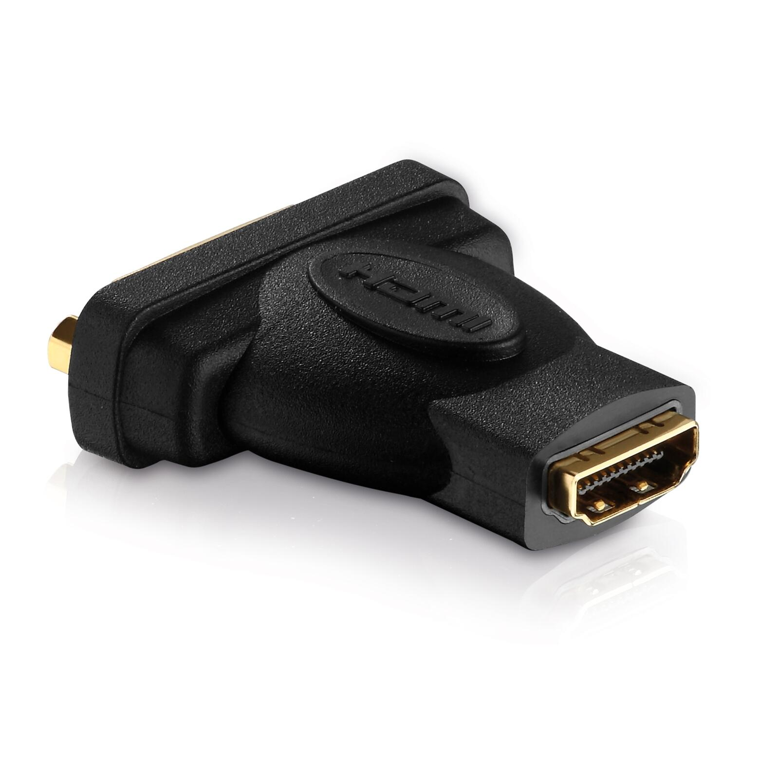 Adattatore da HDMI a DVI nero con connettori dorati su sfondo bianco.