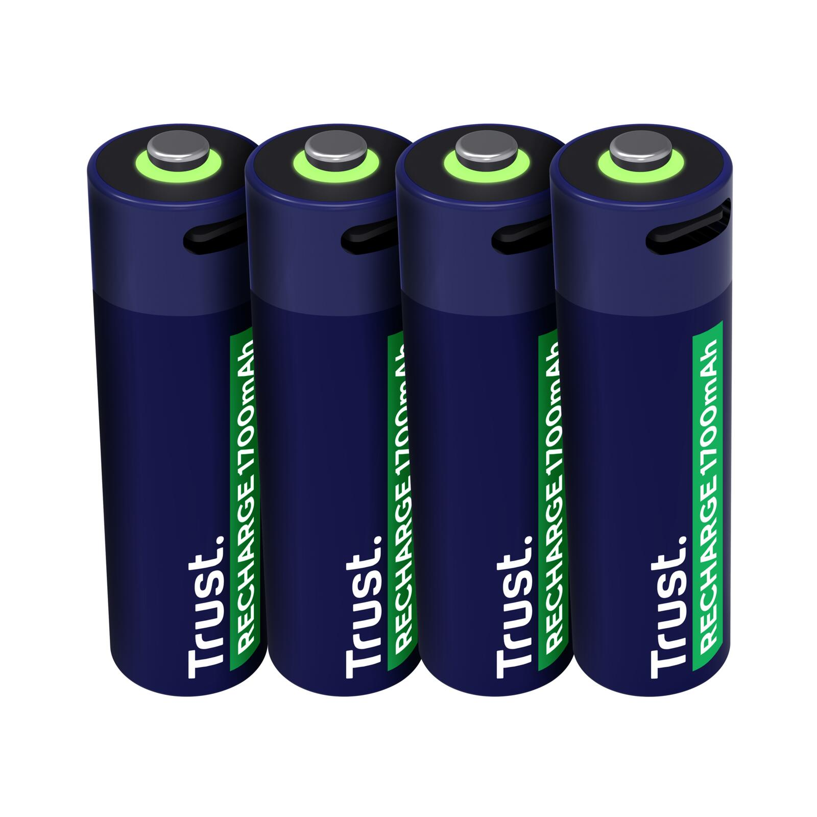 Quattro batterie ricaricabili blu scuro con coperchi verdi, sfondo bianco.