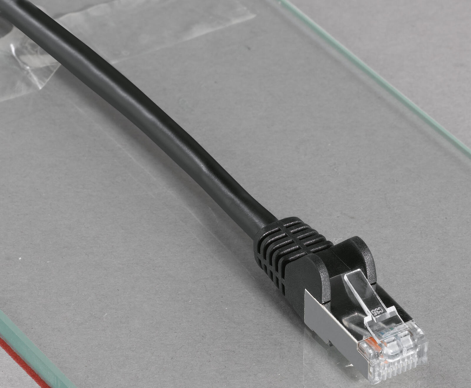 Un cavo Ethernet con cavo nero e connettore trasparente.